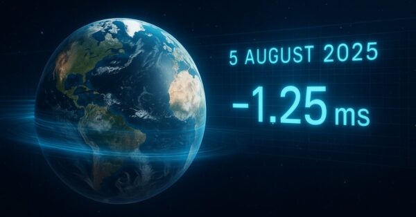Ilustração digital mostrando o aumento na velocidade da Terra, com o planeta girando rapidamente, data 5 de agosto de 2025 e redução de 1,25 ms em destaque.