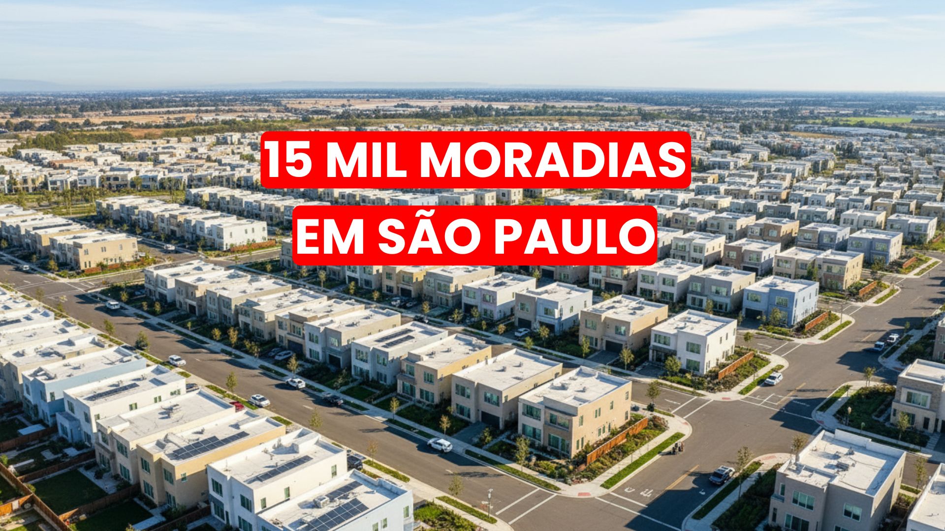 Conjunto habitacional recém-construído em São Paulo com 15 mil moradias do programa Casa Paulista, mostrando casas modernas em padrão uniforme e ruas planejadas.