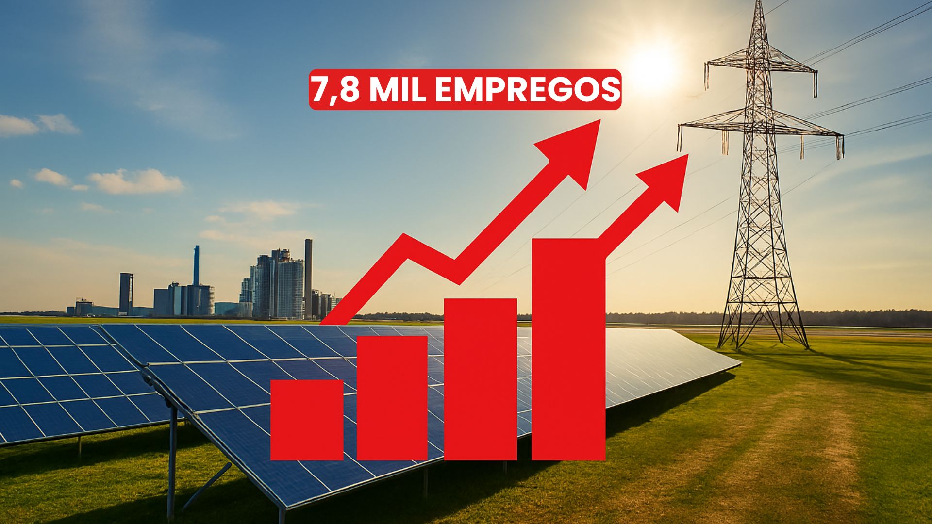 Painéis solares em campo aberto com torre de transmissão ao fundo e gráfico vermelho ascendente, simbolizando crescimento econômico e investimentos em energia renovável e indústria