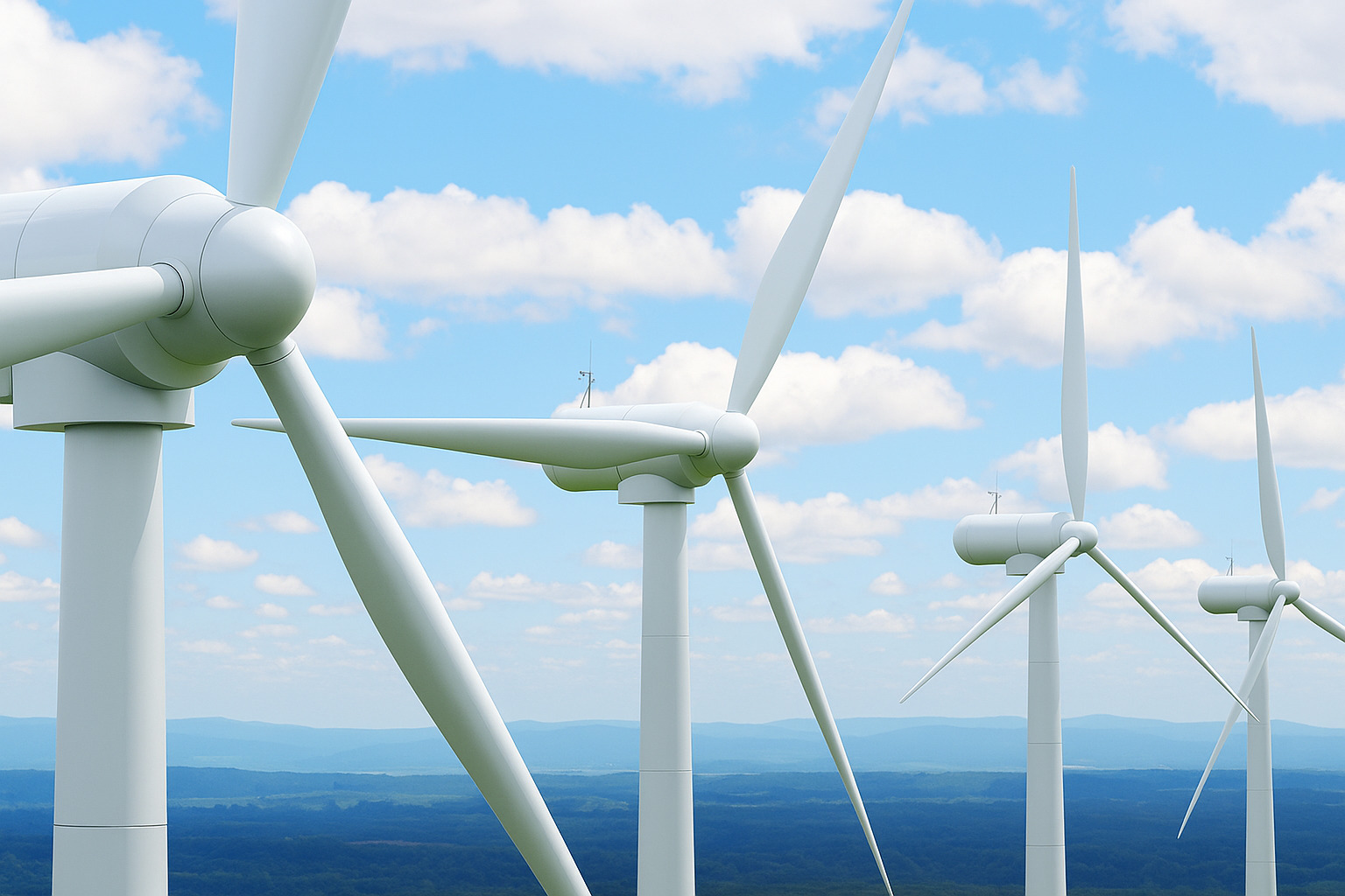 Turbinas eólicas em funcionamento sob céu de meio-dia parcialmente nublado.