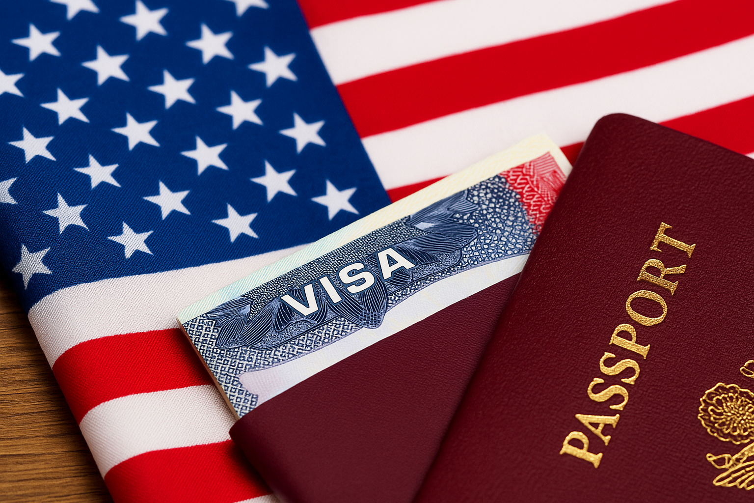 Passaporte com visto americano sobre bandeira dos Estados Unidos representando novas regras de 2025