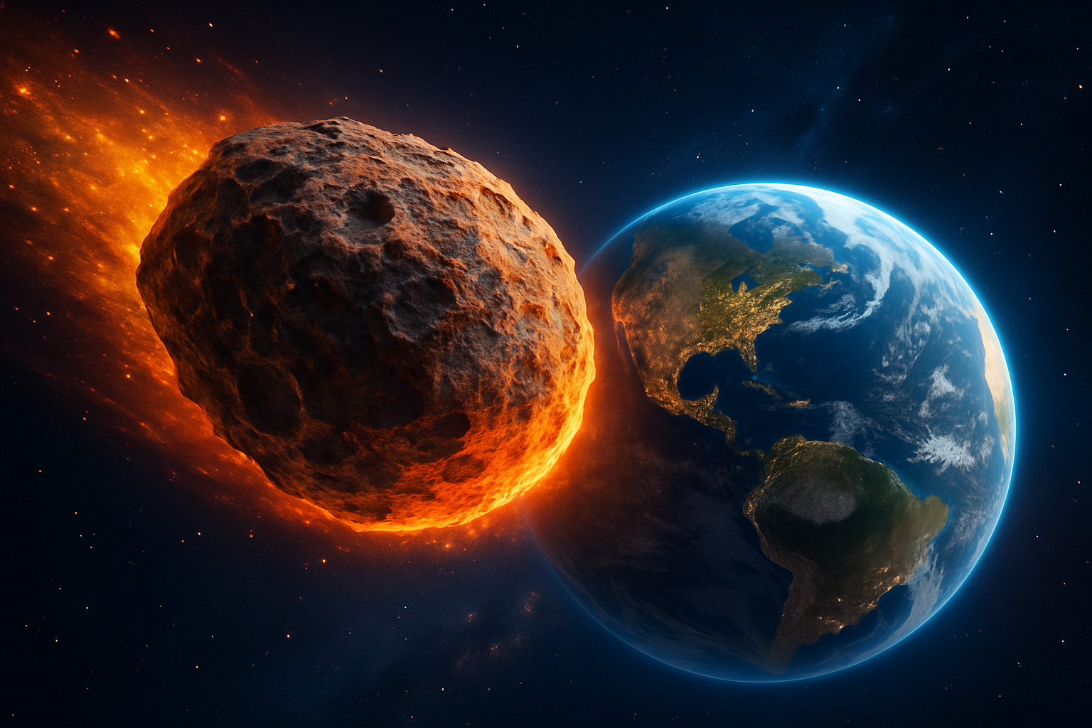 Asteroide 2025 QV9 iluminado em chamas passando próximo da Terra em setembro sob monitoramento da NASA e agências internacionais.