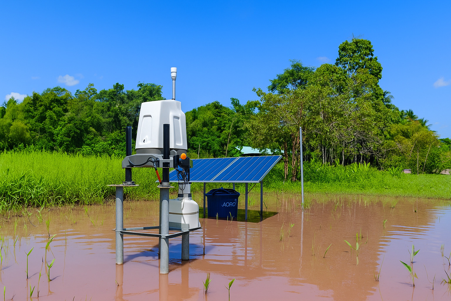 Sistema solar em área rural com céu limpo e vegetação ao fundo.