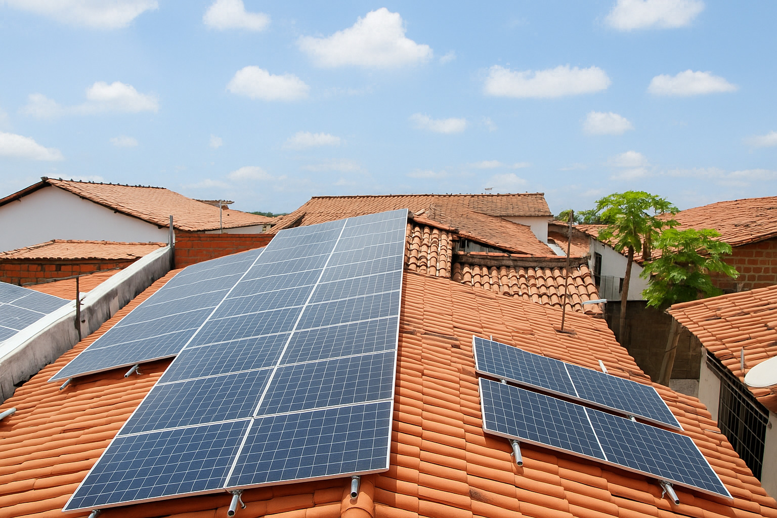 Telhados com painéis solares e céu azul com nuvens ao fundo.