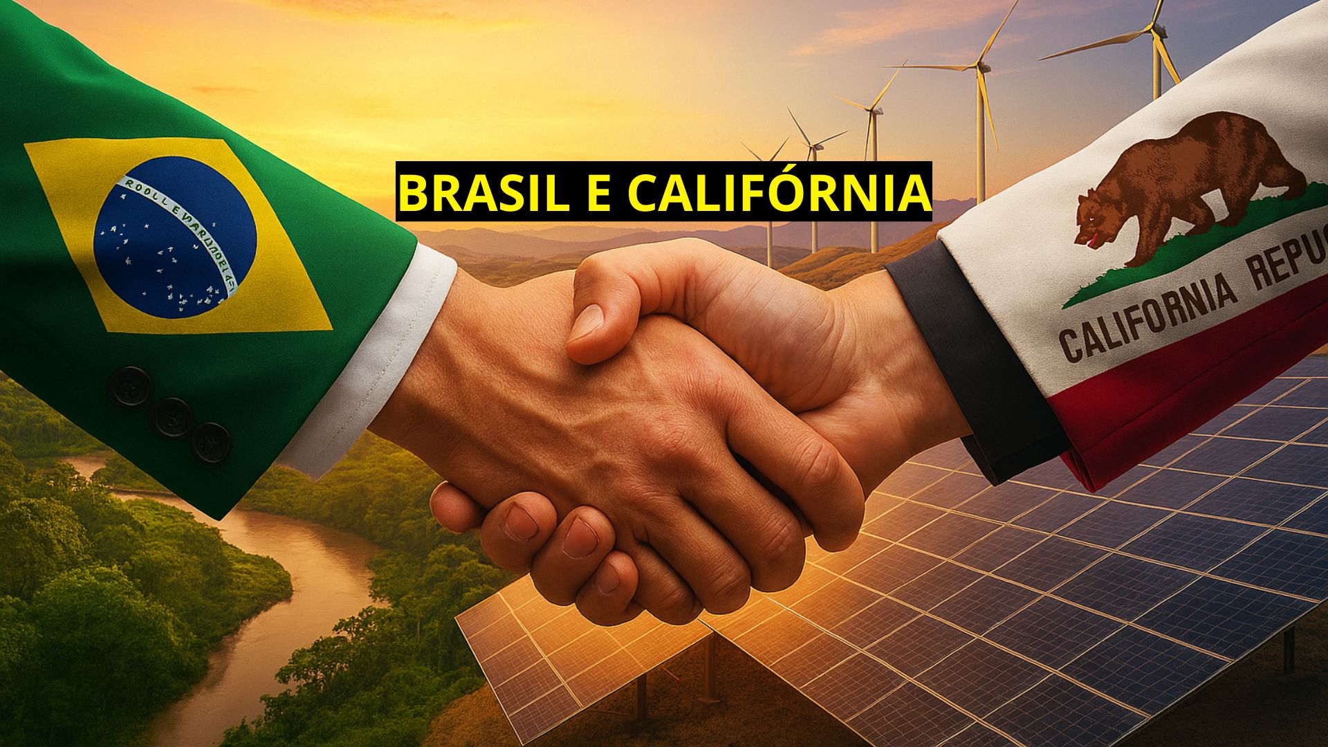 Dois representantes com trajes que exibem as bandeiras do Brasil e da Califórnia apertam as mãos sobre uma paisagem dividida entre floresta tropical e infraestrutura de energia limpa, simbolizando cooperação ambiental.
