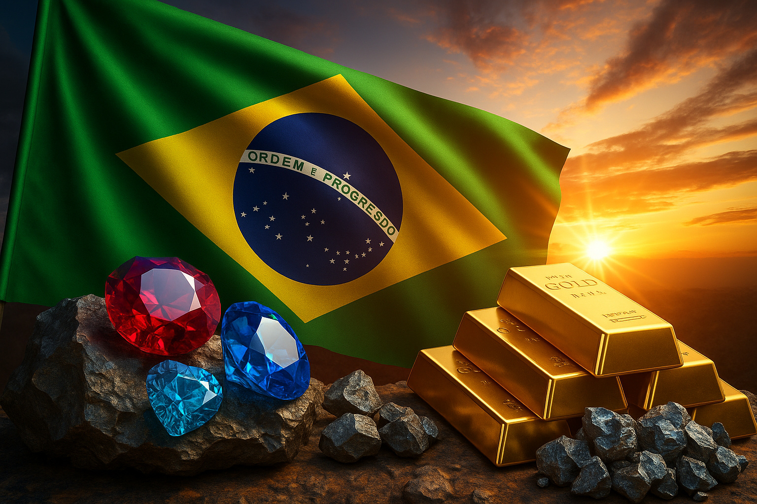 Riquezas minerais brasileiras com ouro, pedras preciosas e bandeira do Brasil ao fundo