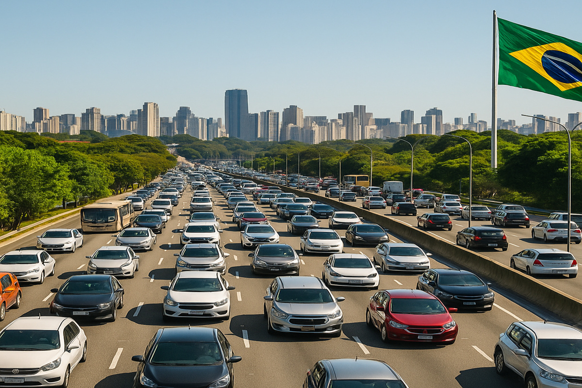 Trânsito intenso em avenida brasileira com bandeira nacional em destaque representando posição do Brasil fora do ranking das dez cidades mais congestionadas do mundo