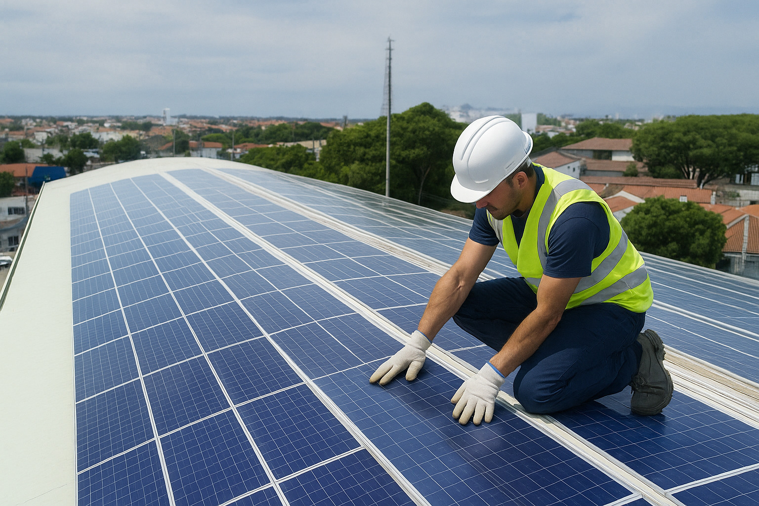 Profissional instalando painel solar em telhado urbano.