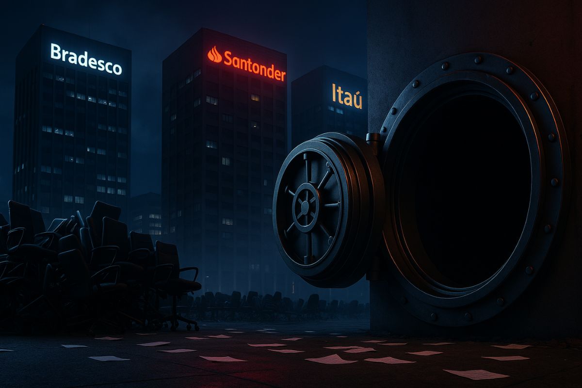 A onda histórica de demissões atinge o setor bancário no Brasil: Bradesco, Santander e Itaú cortaram mais de 4.600 vagas em 2025, reflexo da digitalização e do fechamento de agências físicas.