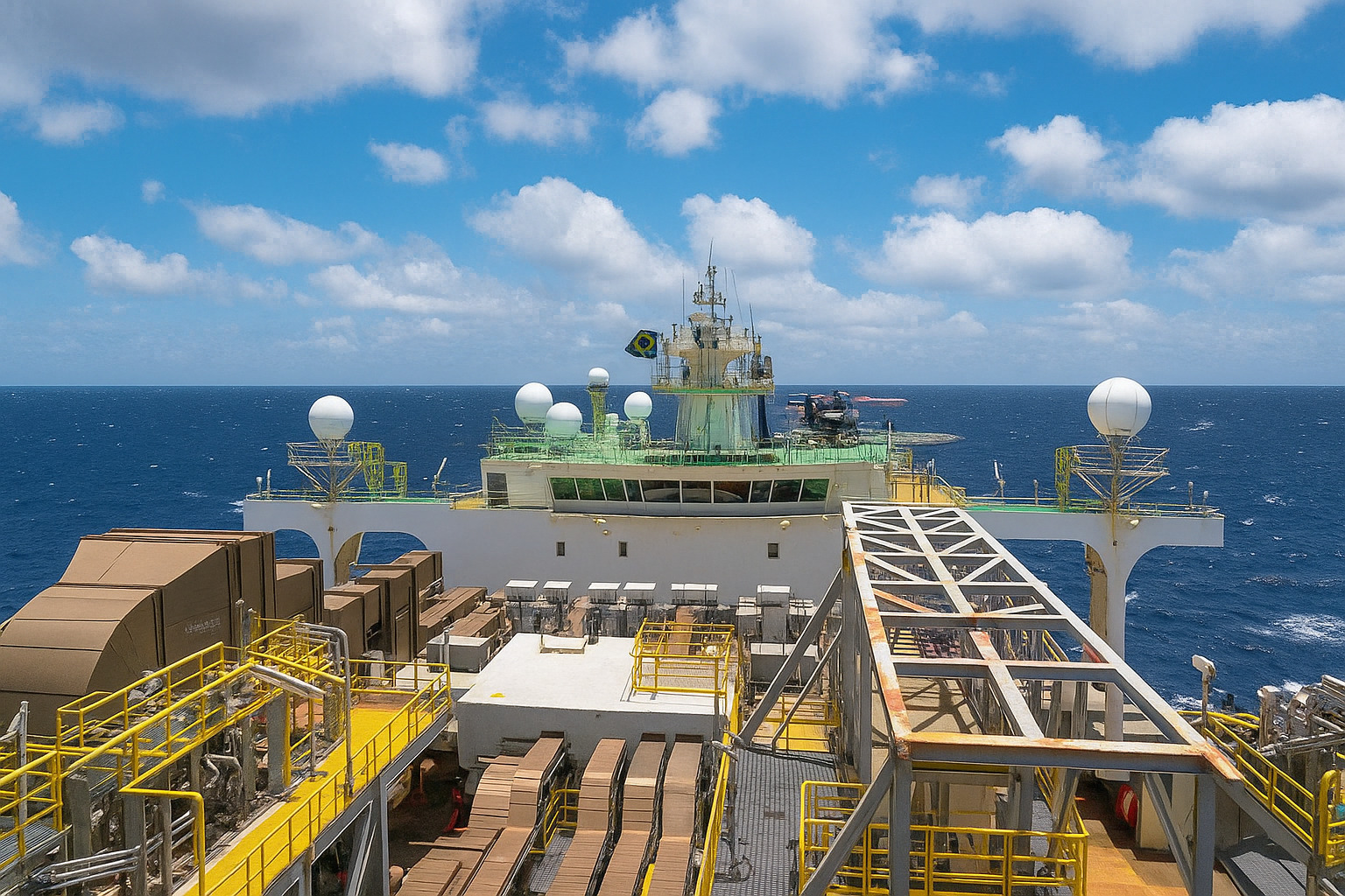 Plataforma marítima de petróleo sob céu parcialmente nublado no oceano.