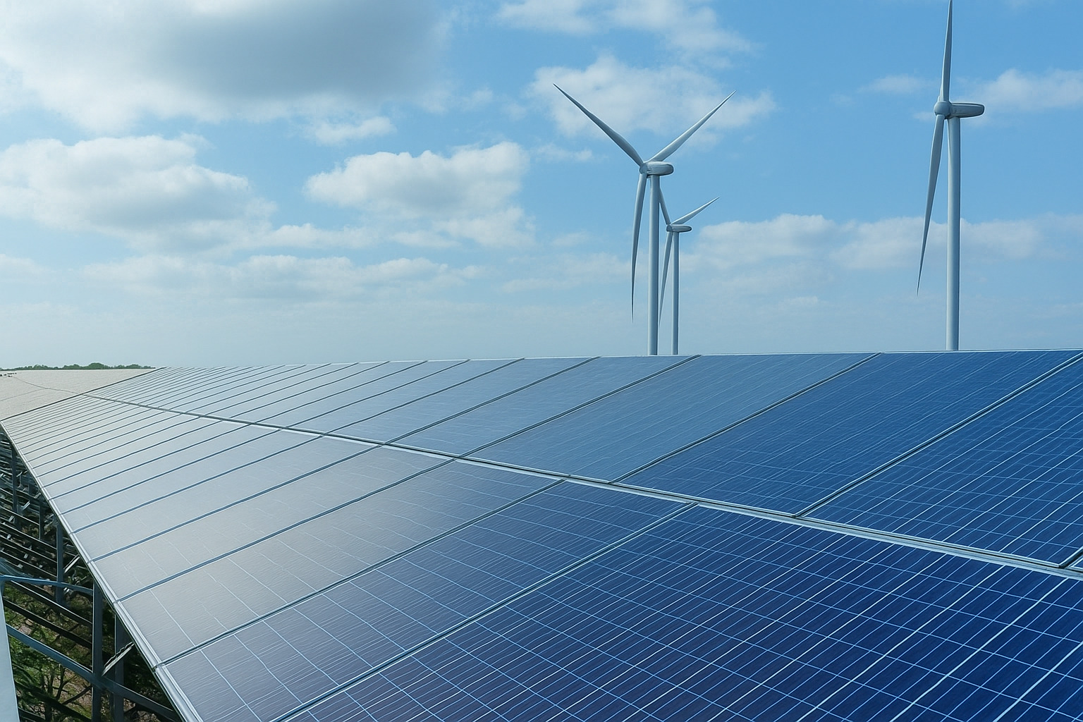 Painéis solares e turbinas eólicas em um dia ensolarado ao meio-dia com nuvens no céu.