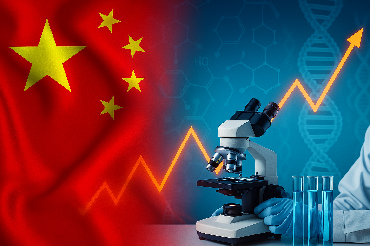 Bandeira da China ao lado de microscópio com gráfico em alta representando investimentos recordes em ciência e pesquisa.