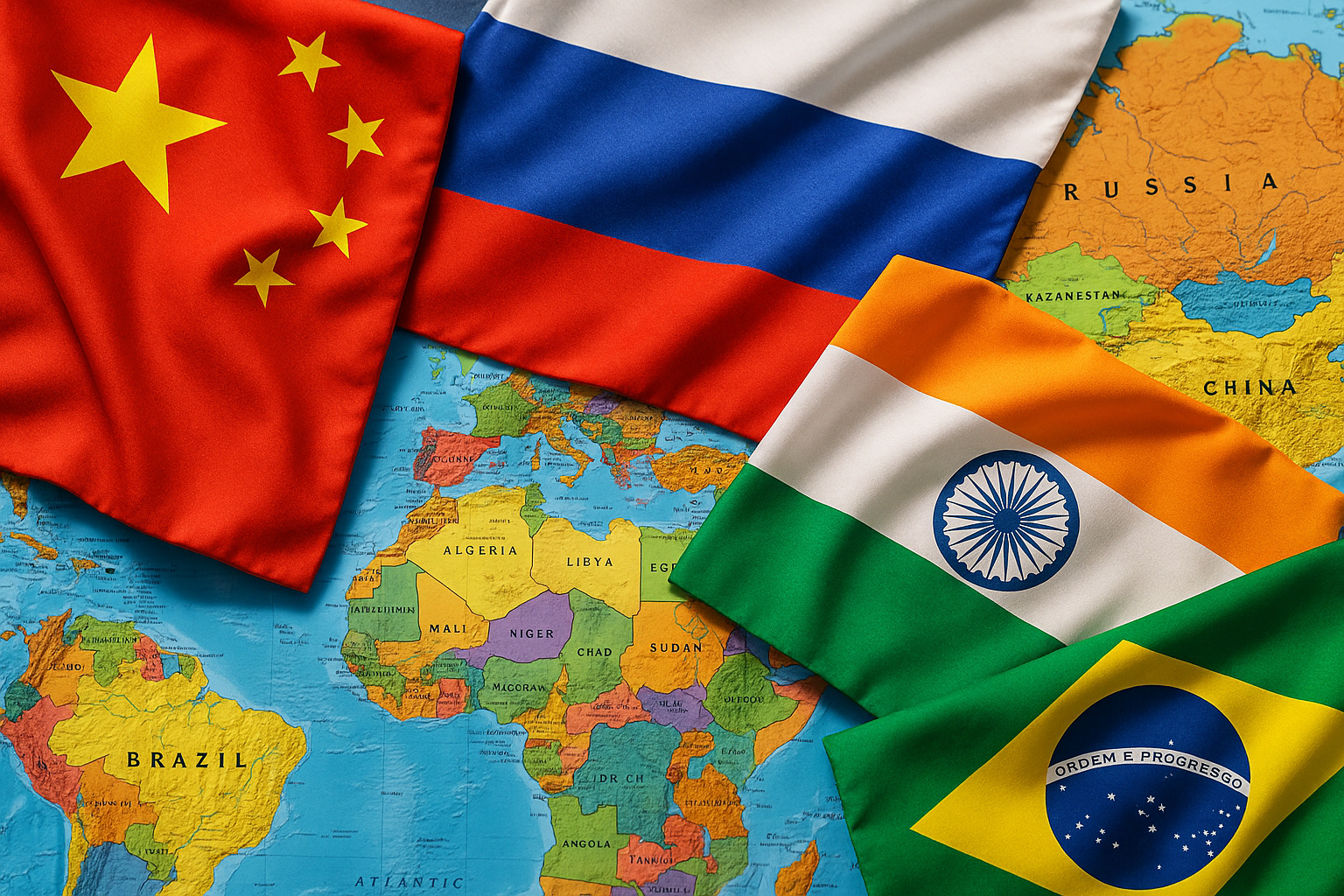Bandeiras da China, Rússia, Índia e Brasil sobre mapa-múndi simbolizando articulação geopolítica e expansão da OCX em 2025