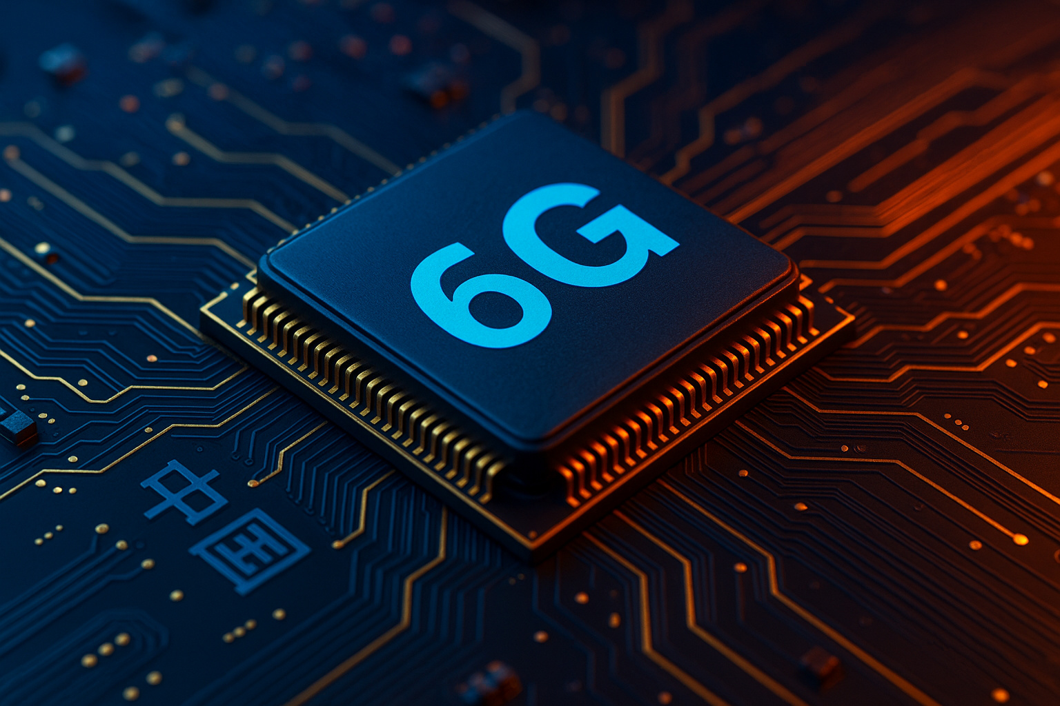 Chip 6G ultrarrealista sobre placa de circuito com destaque para inovação chinesa em internet superveloz