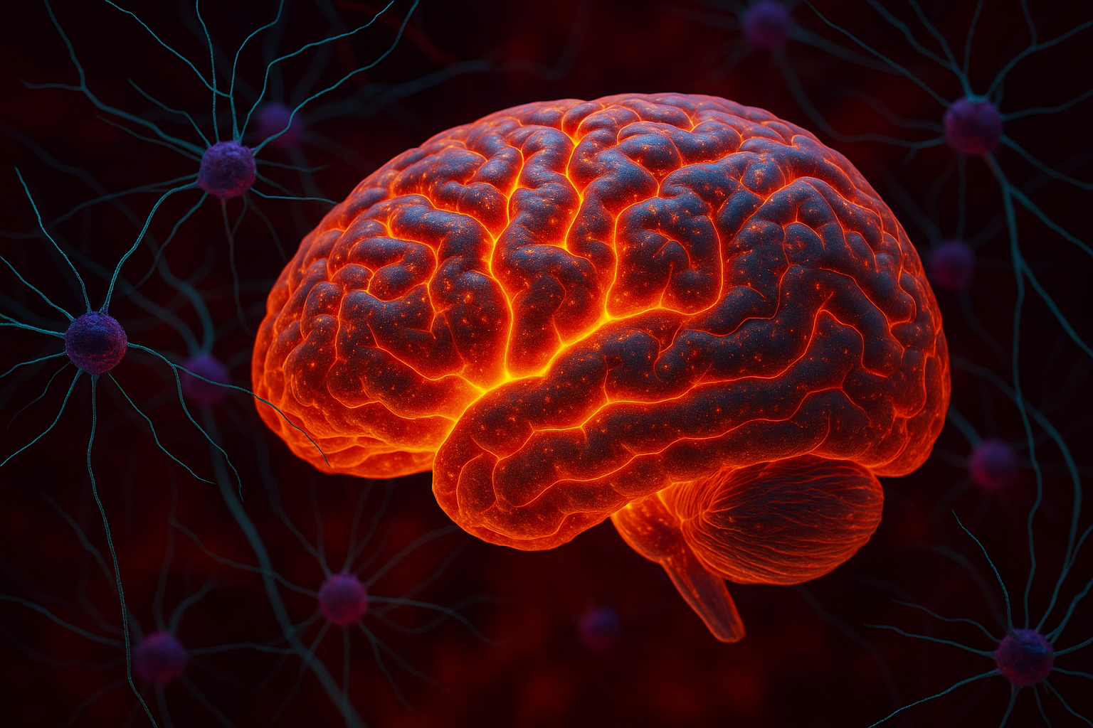 Cérebro humano iluminado com conexões neuronais em destaque, representando estudo da proteína FTL1 e o envelhecimento cerebral.