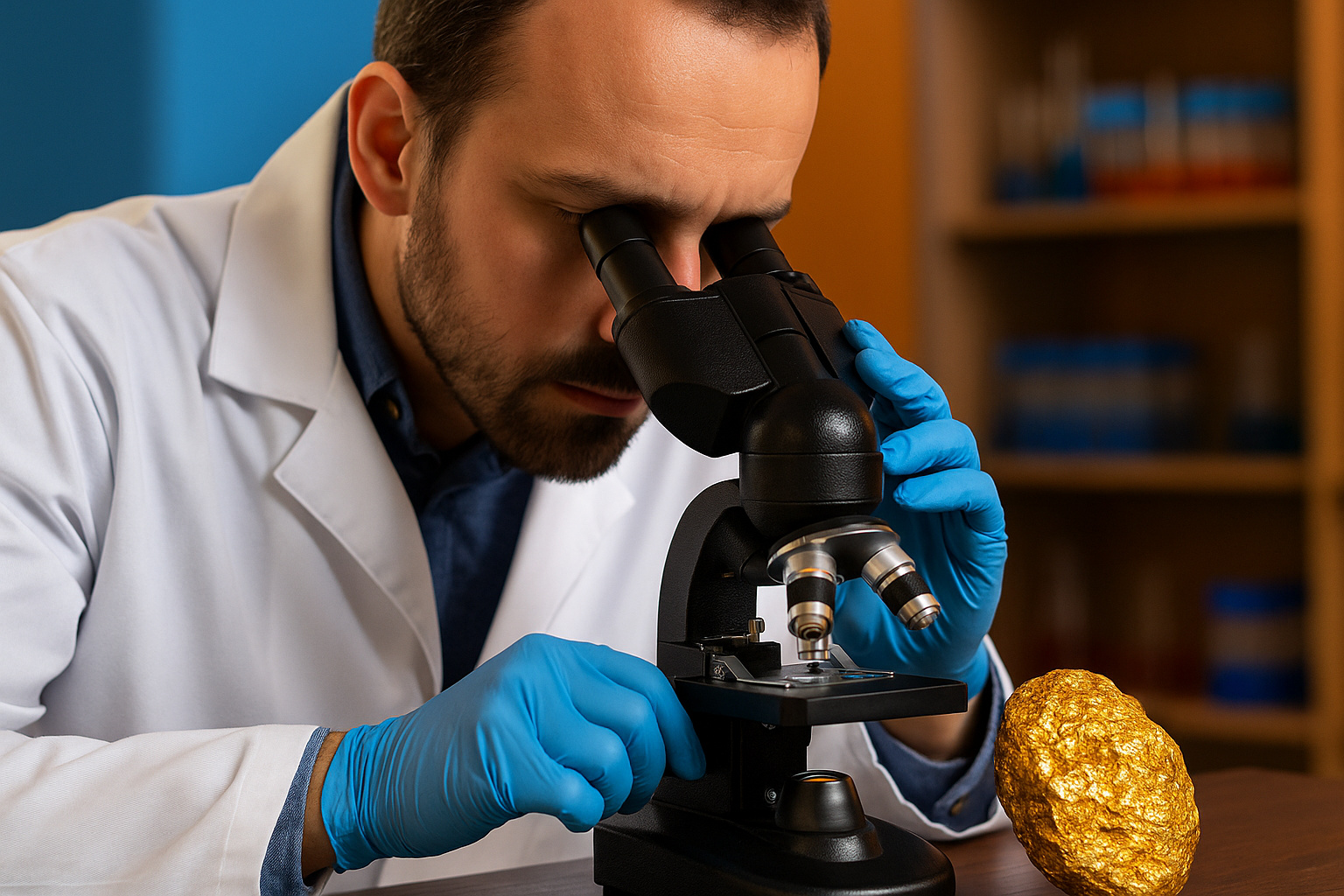 Cientista analisa amostra de ouro em laboratório com auxílio de microscópio.