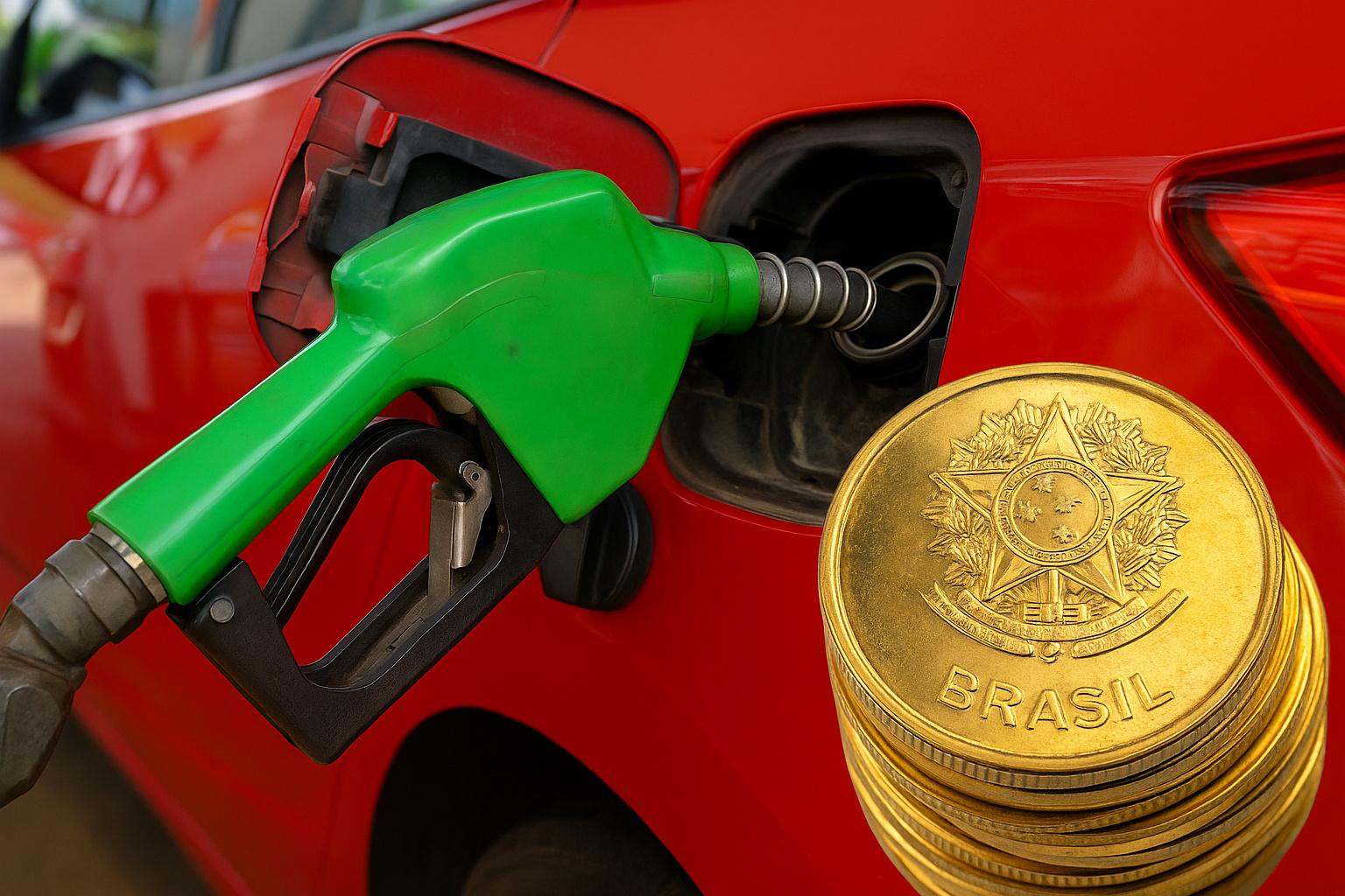 Bomba de combustível abastecendo carro vermelho ao lado de moedas brasileiras representando aumento do ICMS em 2026