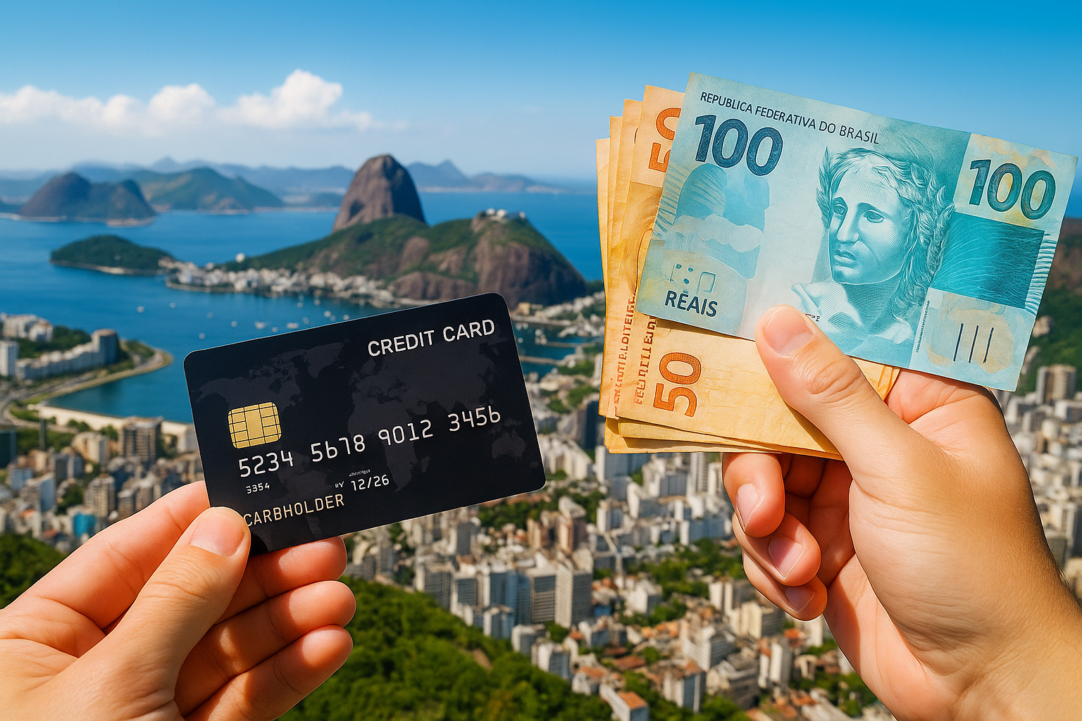 Cartão internacional e notas de real com vista do Rio de Janeiro simbolizando o reembolso automático de ICMS para turistas estrangeiros