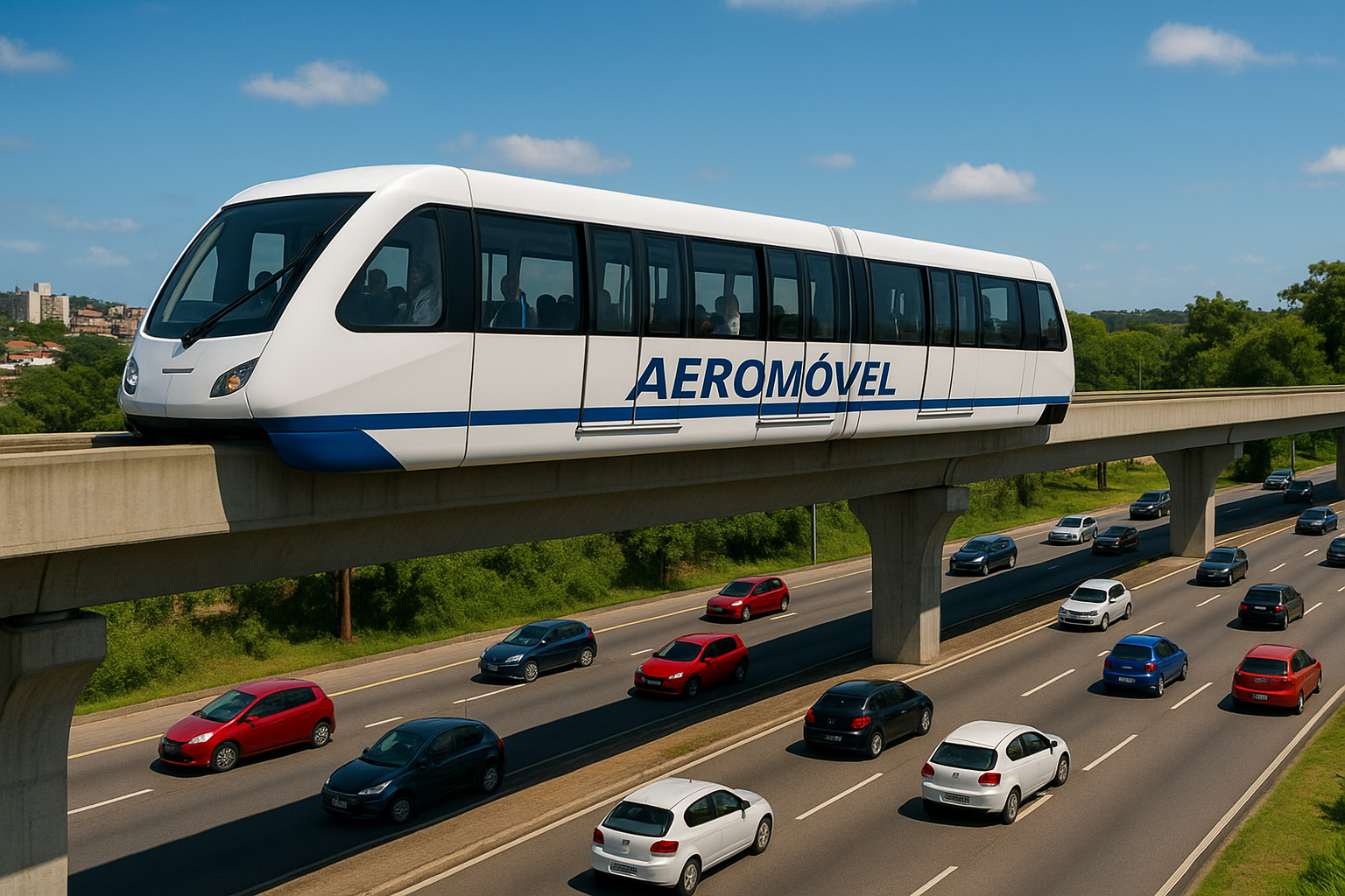 Aeromóvel circulando em via elevada sobre a Raposo Tavares em Cotia, com carros abaixo e cenário urbano ao fundo.