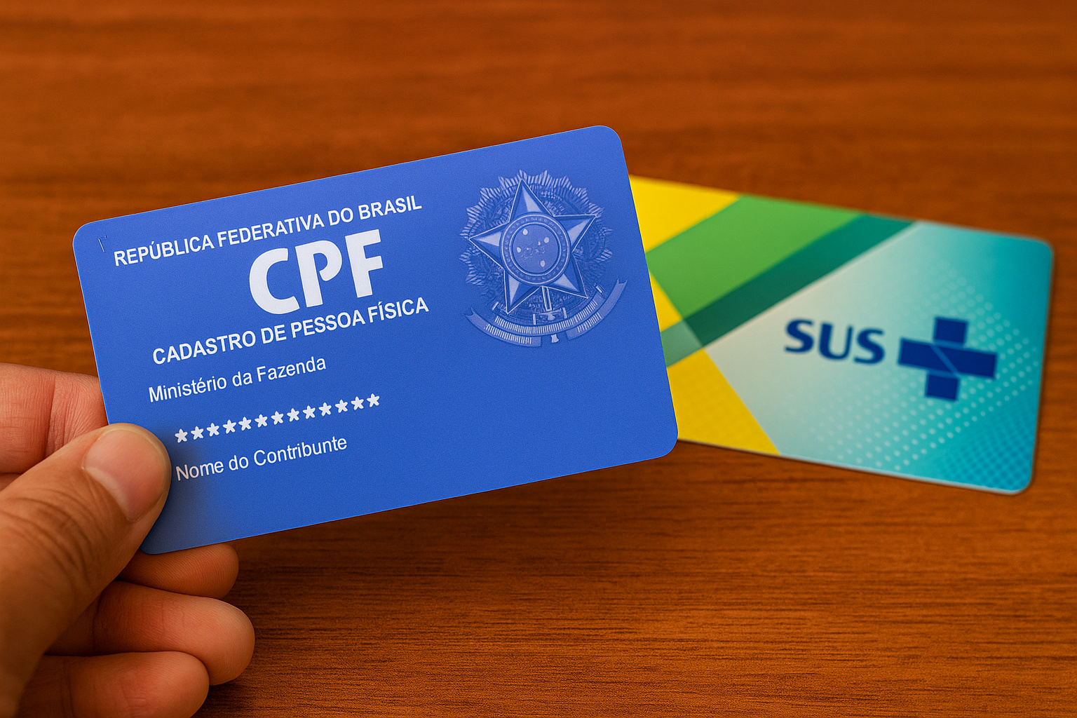 Cartão do CPF ao lado do cartão do SUS representando a integração do sistema de saúde ao CPF no Brasil