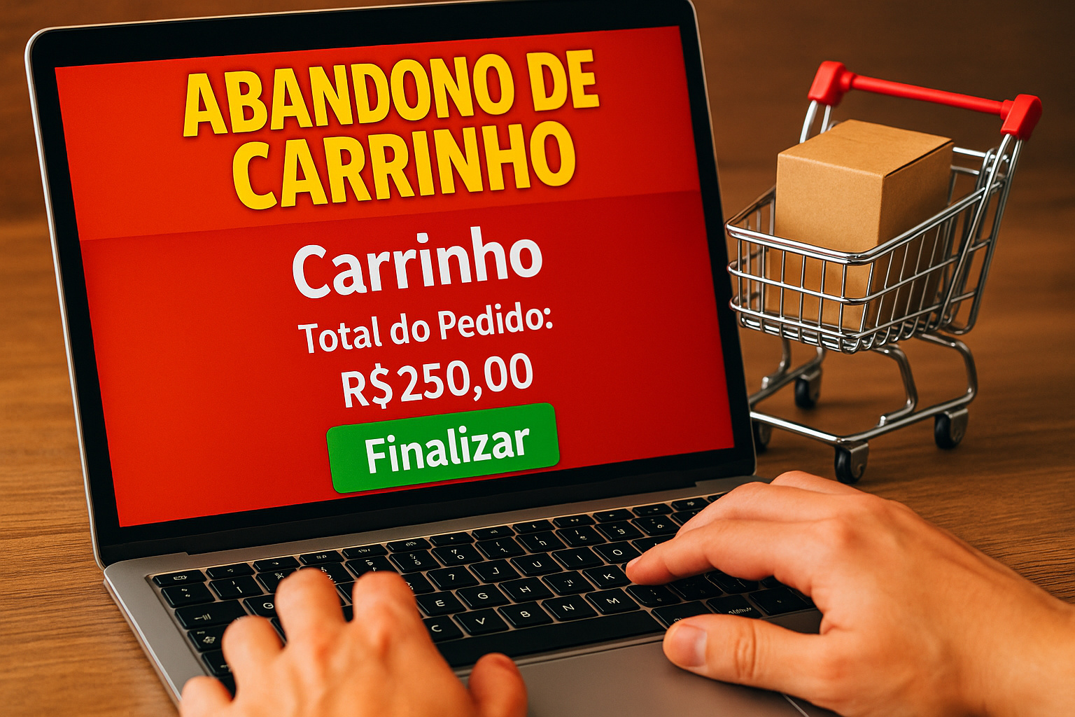 Tela de computador exibindo abandono de carrinho no e-commerce com valor de pedido e botão de finalizar compra.