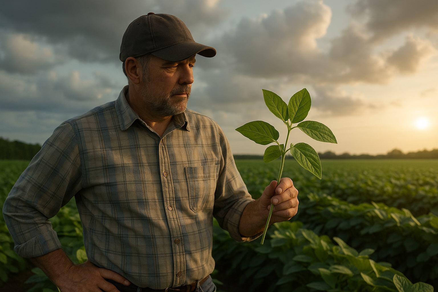 Agricultor brasileiro analisa folha em campo sustentável durante pôr do sol, simbolizando soluções climáticas e agricultura tropical.