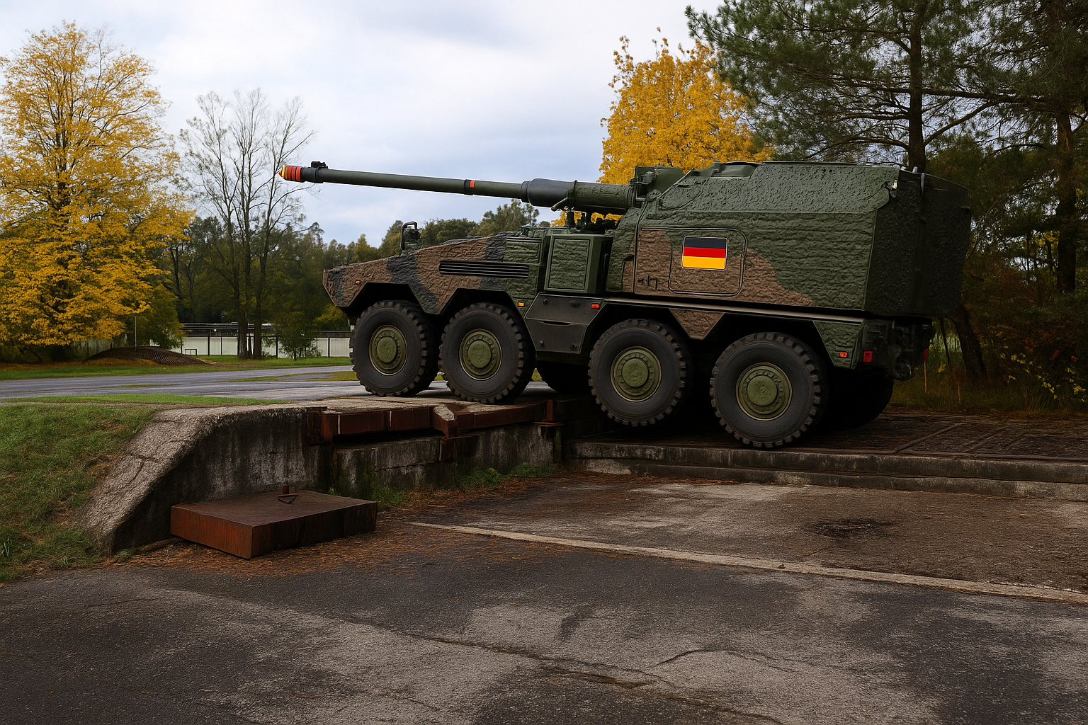Veículo blindado alemão camuflado com bandeira da Alemanha durante testes de mobilidade em terreno militar.