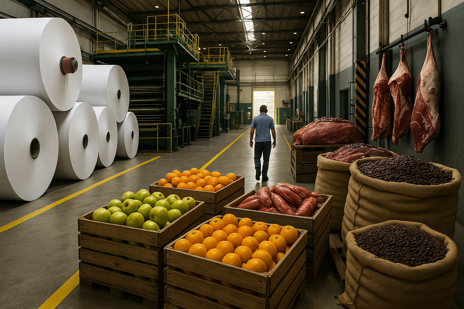 “Rolos de celulose, carnes, frutas e café em armazém industrial simbolizando exportações brasileiras para os EUA”