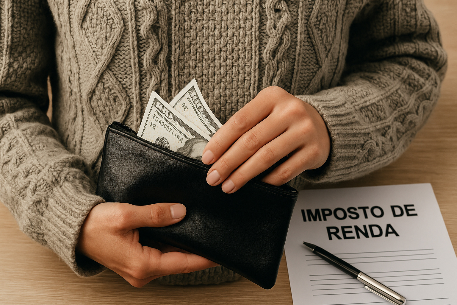 Pessoa segura carteira com dinheiro e formulário de imposto de renda em português sobre mesa