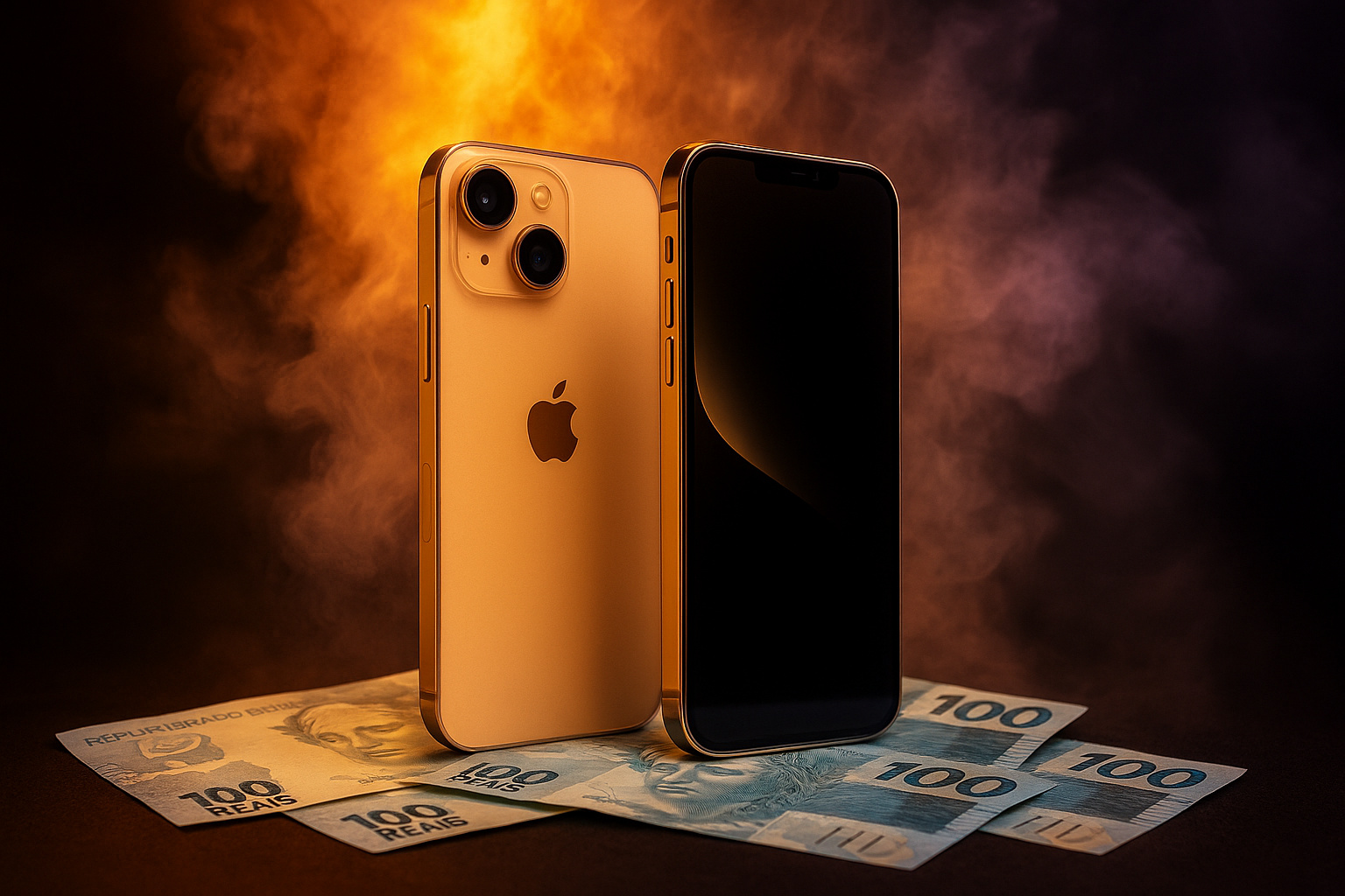 iPhone 17 dourado exibido sobre notas de 100 reais, destacando o preço elevado no Brasil em comparação global.