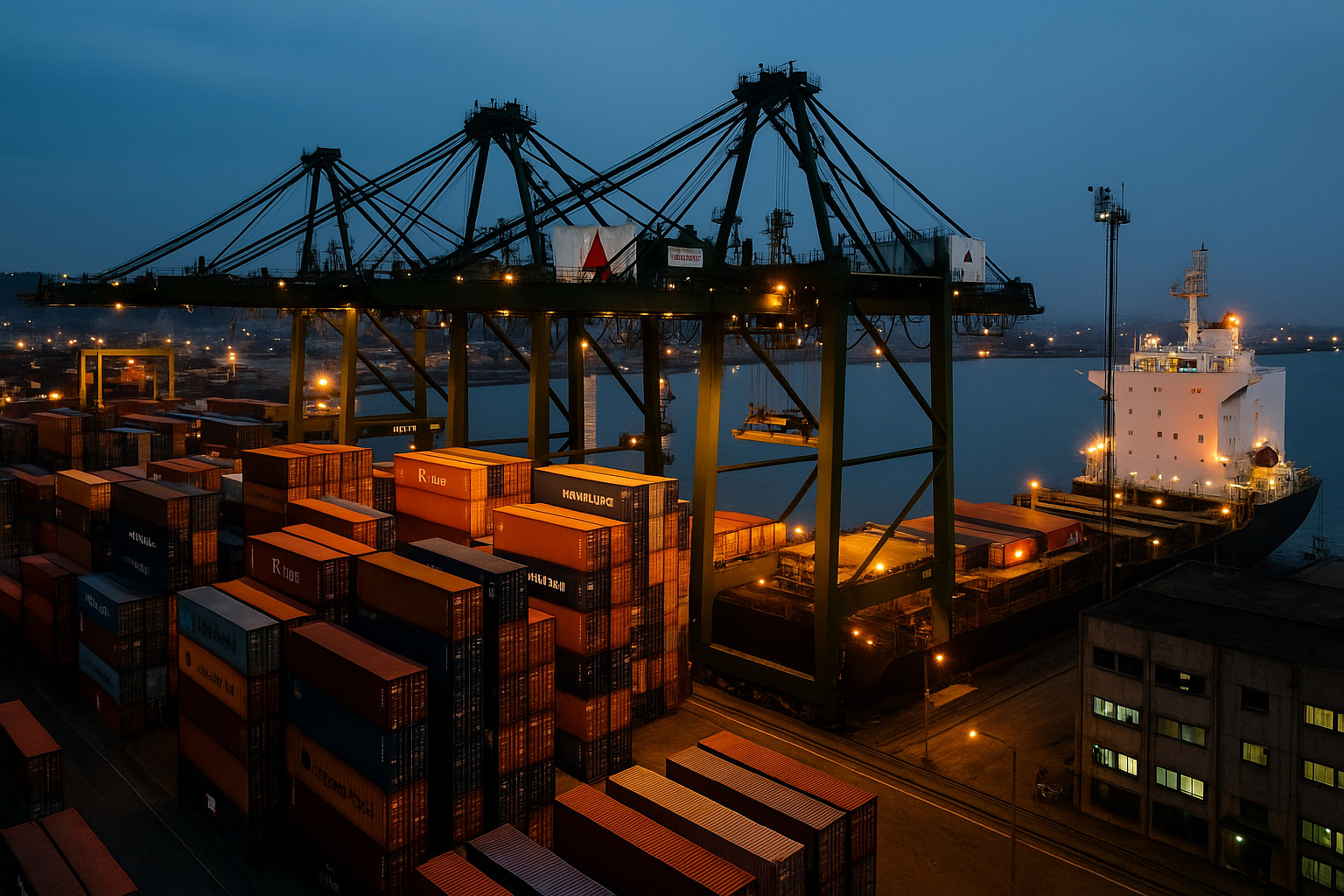 Porto com guindastes e contêineres iluminados à noite, simbolizando queda das exportações de Minas após tarifaço dos EUA.