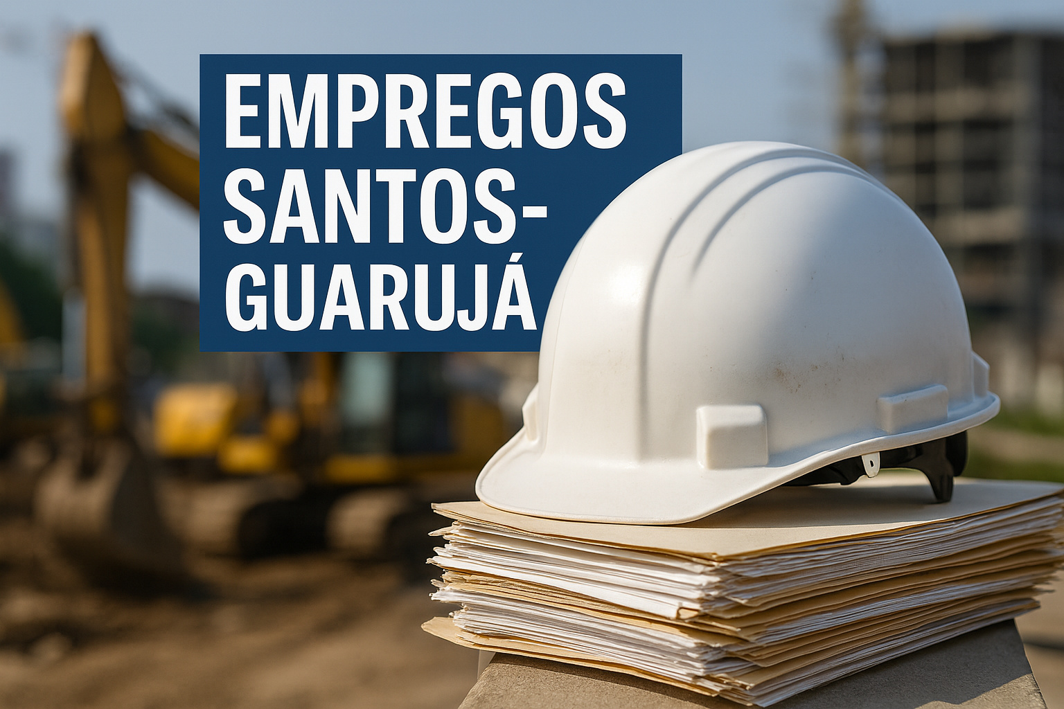 Capacete de obra sobre documentos com banner escrito “Empregos Santos-Guarujá”, simbolizando as mil vagas abertas no túnel imerso.