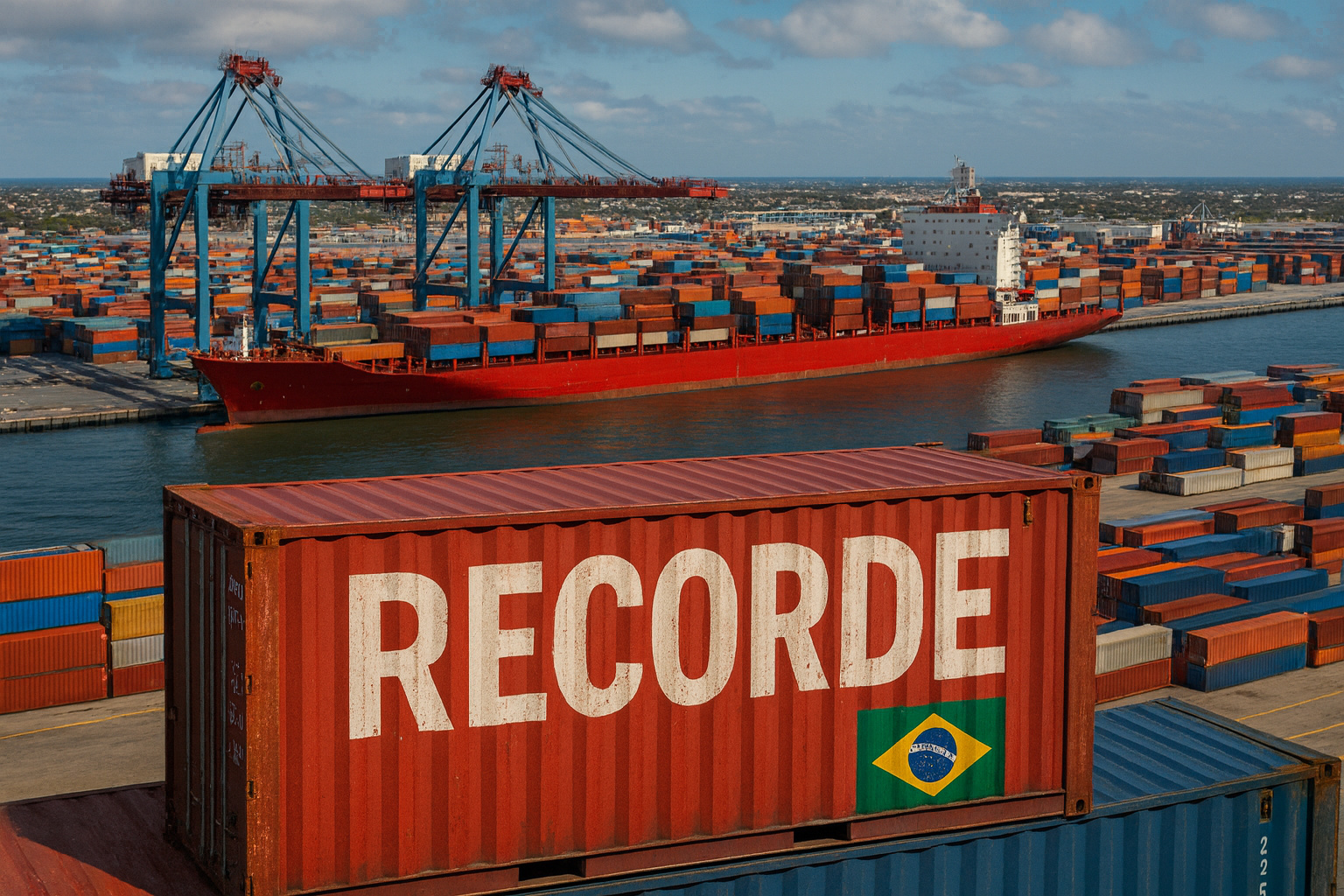 Porto brasileiro com navios cargueiros, contêineres e guindastes em operação destacando recorde histórico de 124,7 milhões de toneladas em julho de 2025.