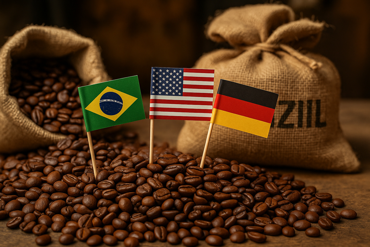 Sacos de café brasileiro com grãos torrados e bandeiras do Brasil, Estados Unidos e Alemanha representando exportações e comércio internacional.