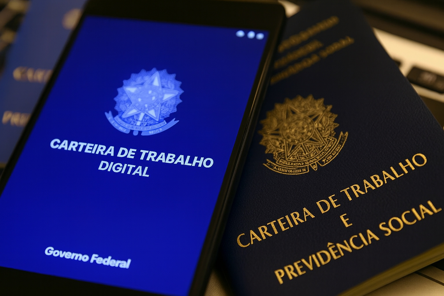 Carteira de Trabalho Digital ao lado da Carteira de Trabalho física representando o mercado de trabalho no Brasil