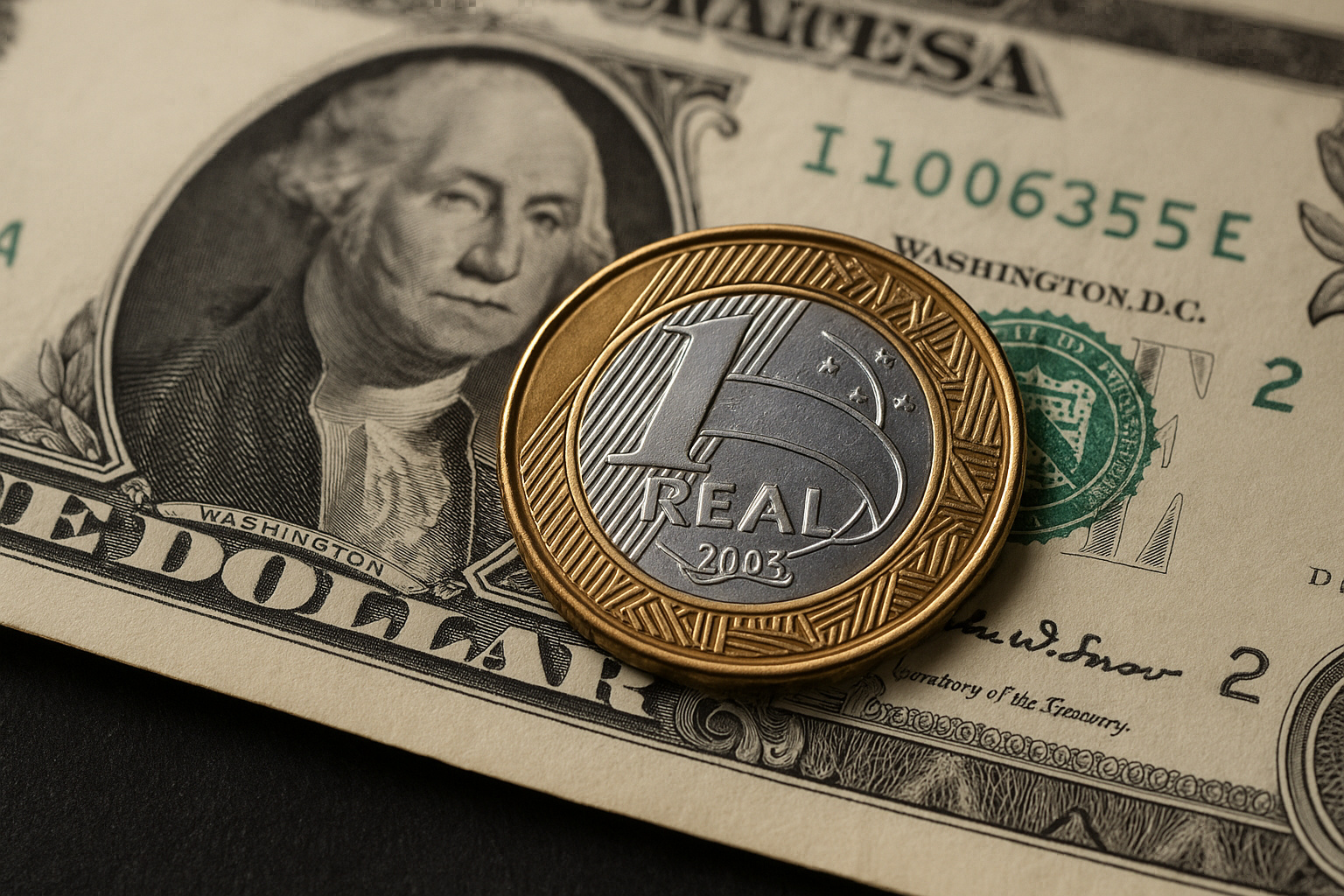 Moeda de um real sobre nota de dólar simbolizando a queda do dólar e valorização do real em 2025