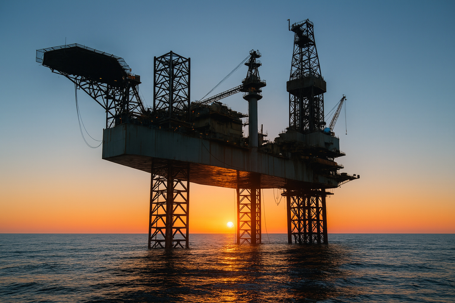 Plataforma de petróleo offshore ao pôr do sol representando a volatilidade e os fluxos globais de energia