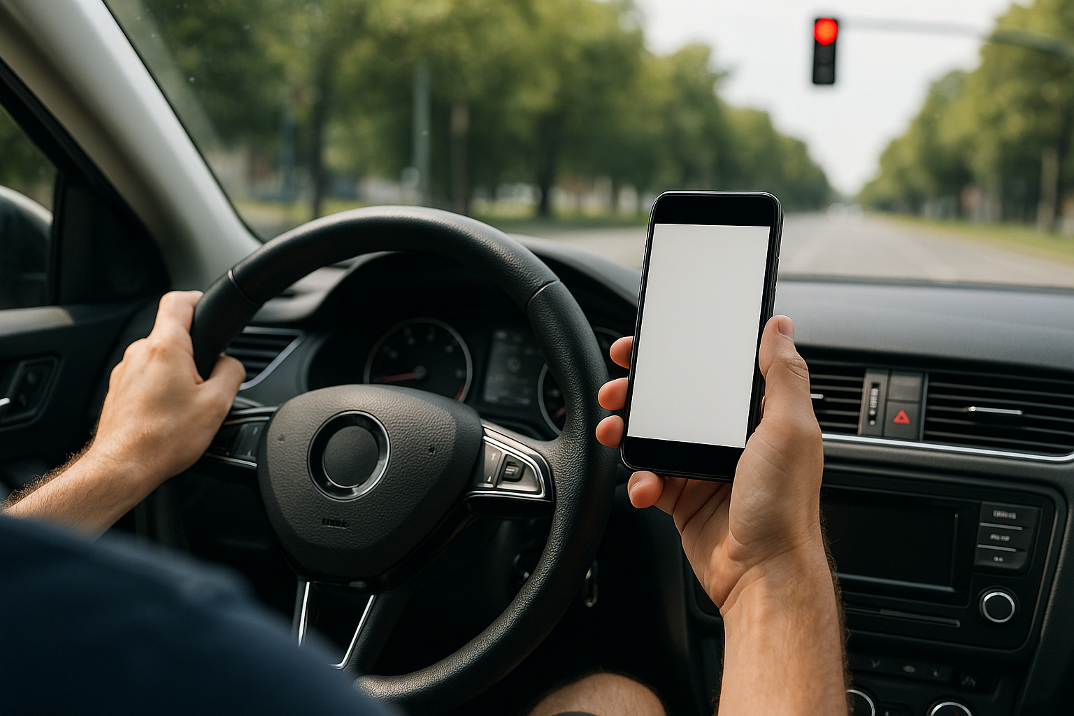 Motorista segura celular na mão esquerda enquanto dirige parado em semáforo com sinal vermelho