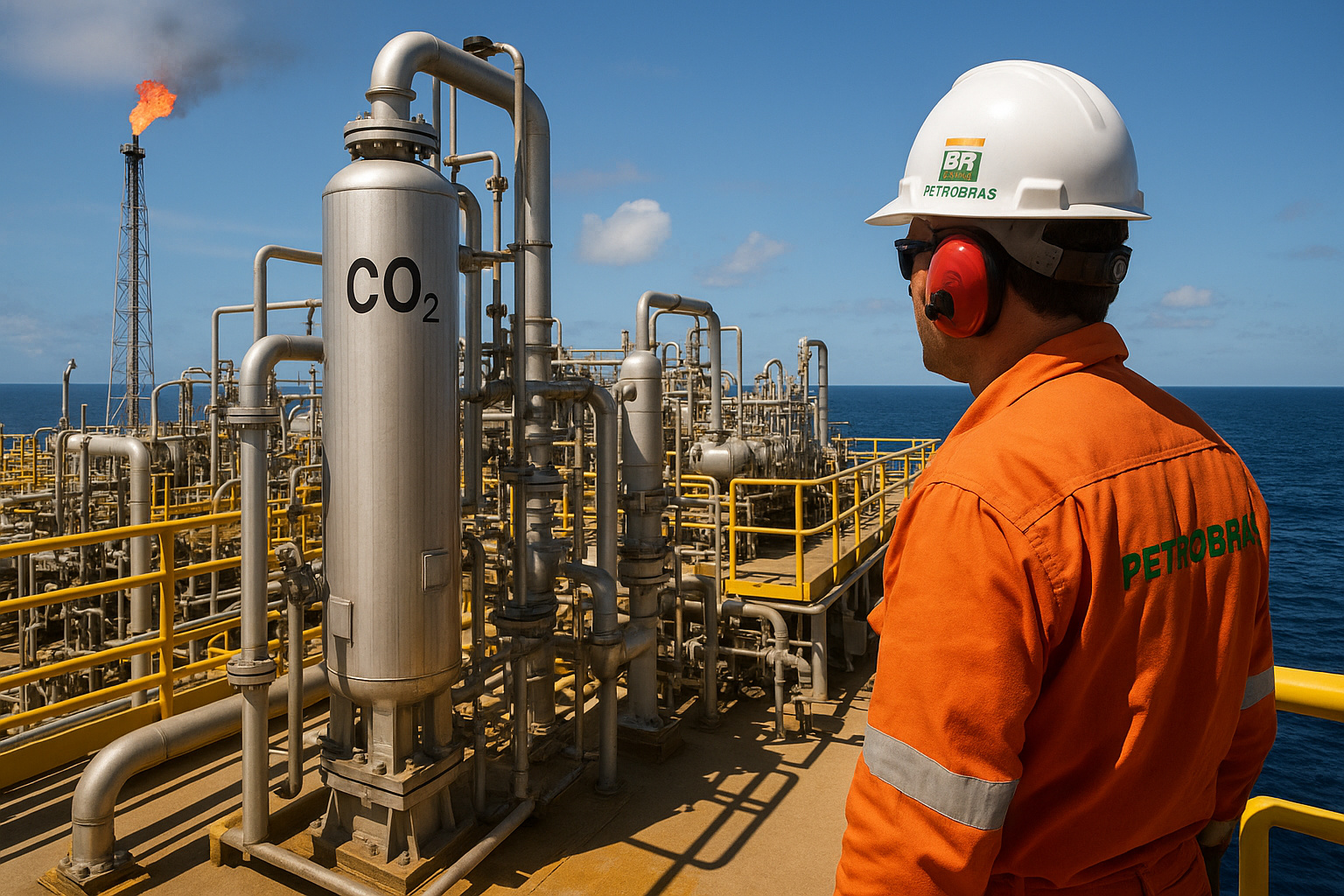 Plataforma da Petrobras em Macaé com estrutura de captura e armazenamento de CO₂ em operação offshore.
