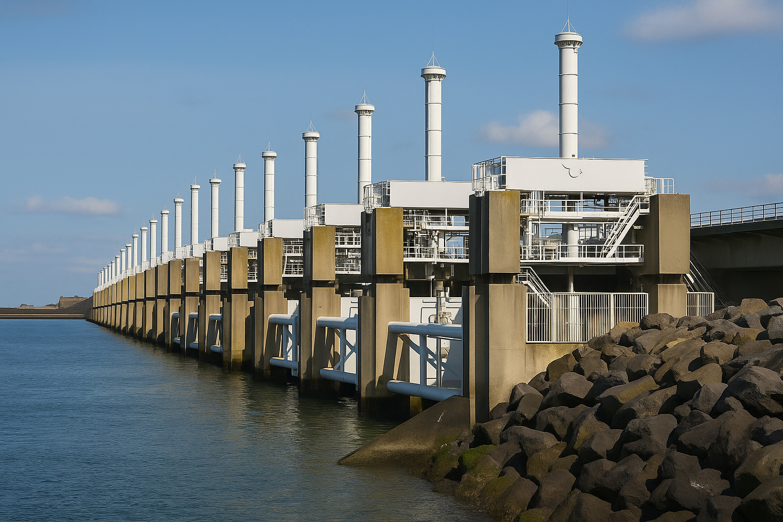 Barragem moderna de energia maremotriz com colunas metálicas e comportas alinhadas sobre o oceano
