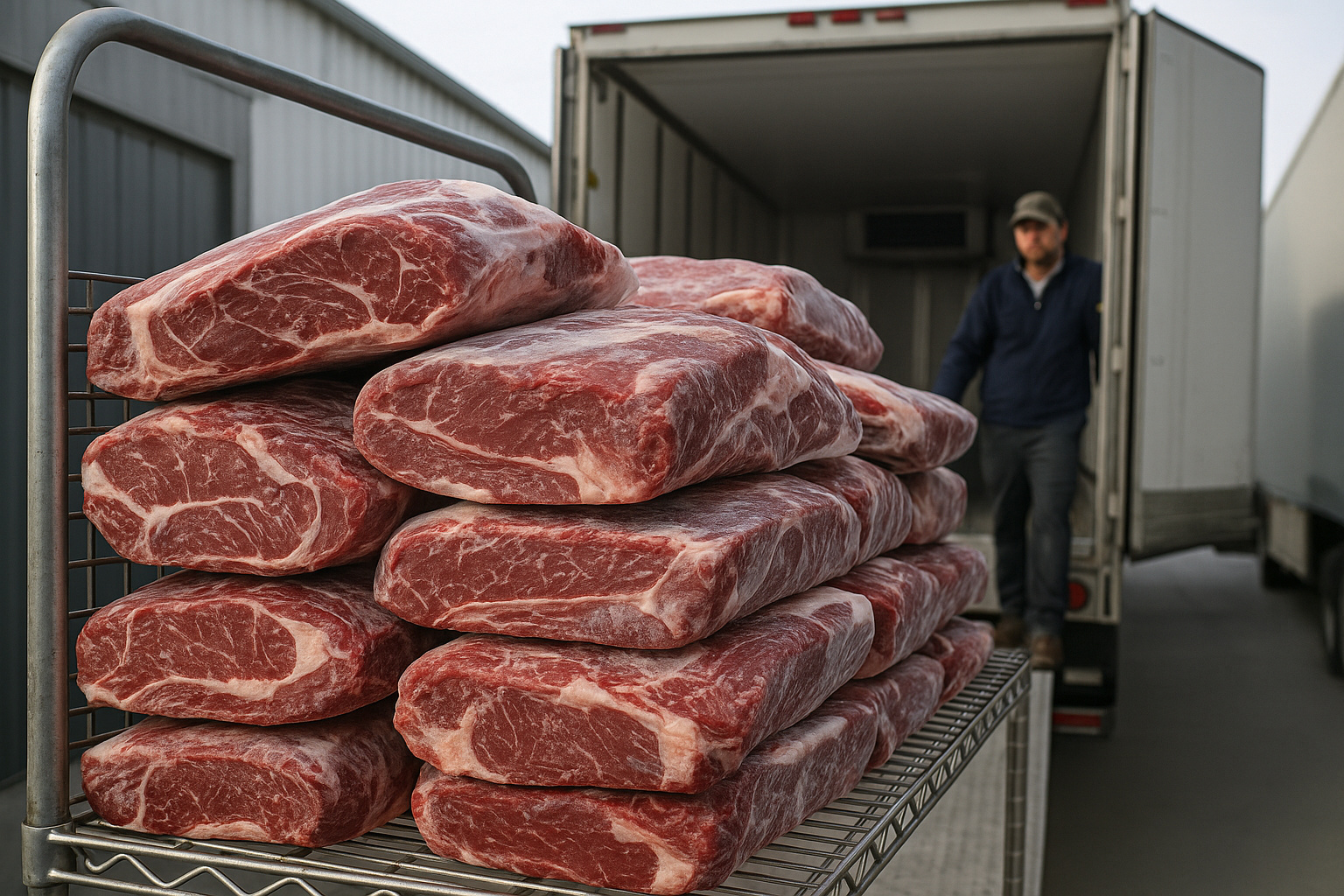 Cortes de carne bovina empilhados em frigorífico americano durante disputa comercial entre Brasil e Estados Unidos