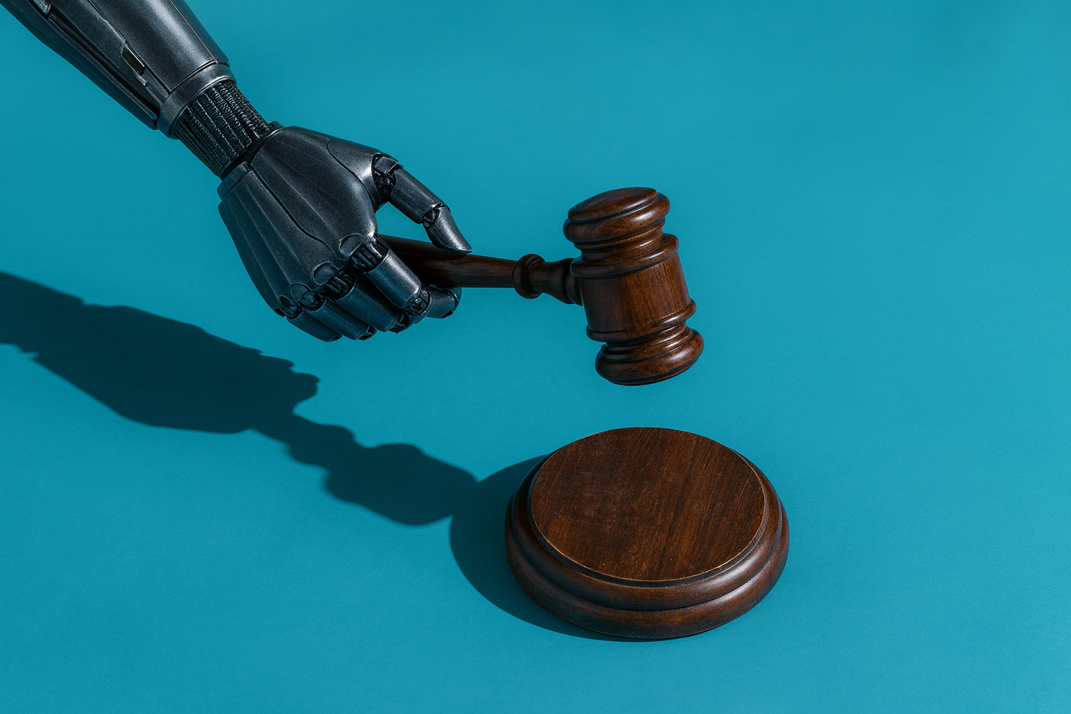 Mão robótica segurando martelo de juiz representando o uso da inteligência artificial na Justiça do Trabalho