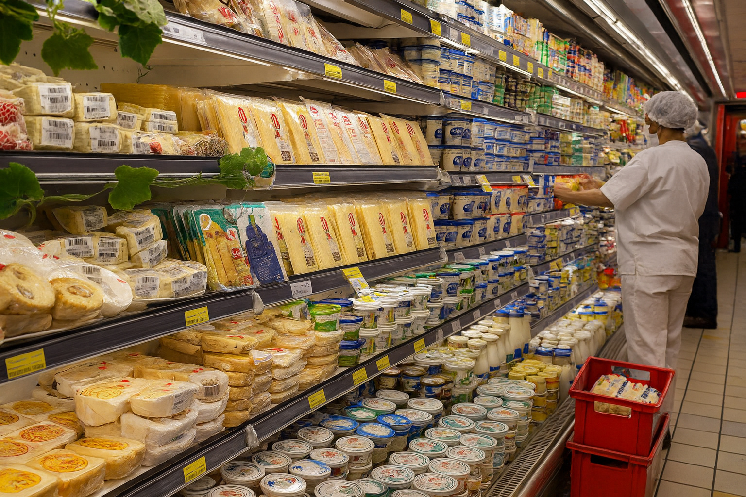 Corredor de supermercado com laticínios e queijos, simbolizando exportações de alimentos do Brasil.