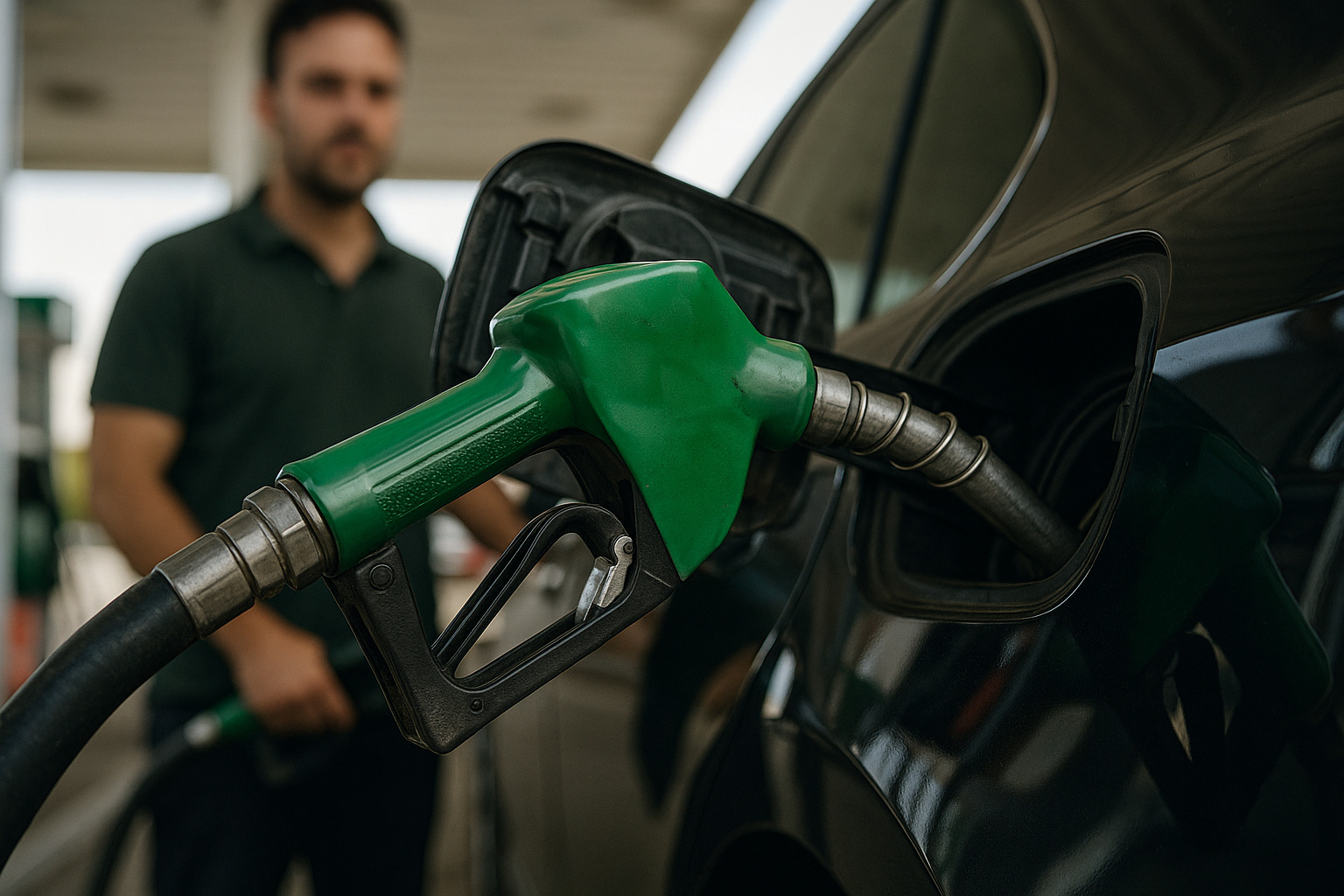 Bomba de combustível com etanol sendo abastecida em carro em posto brasileiro