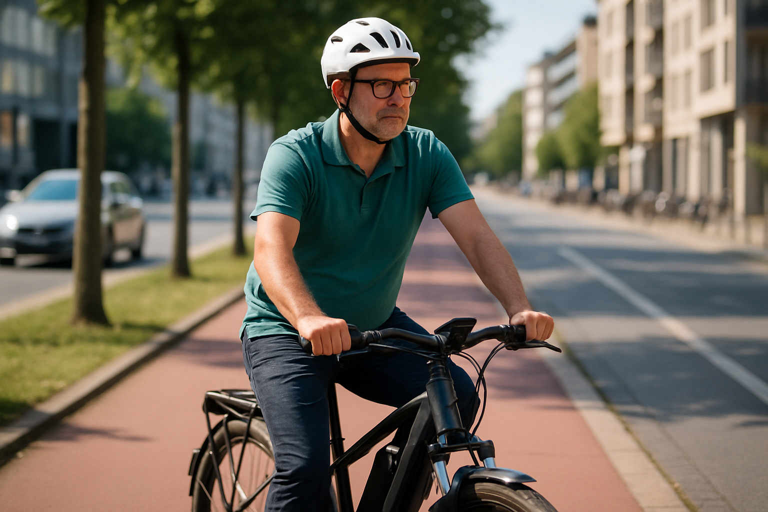 Homem pedalando bicicleta elétrica em ciclovia urbana no Brasil, usando capacete, conforme exigências do CTB e regras de trânsito.