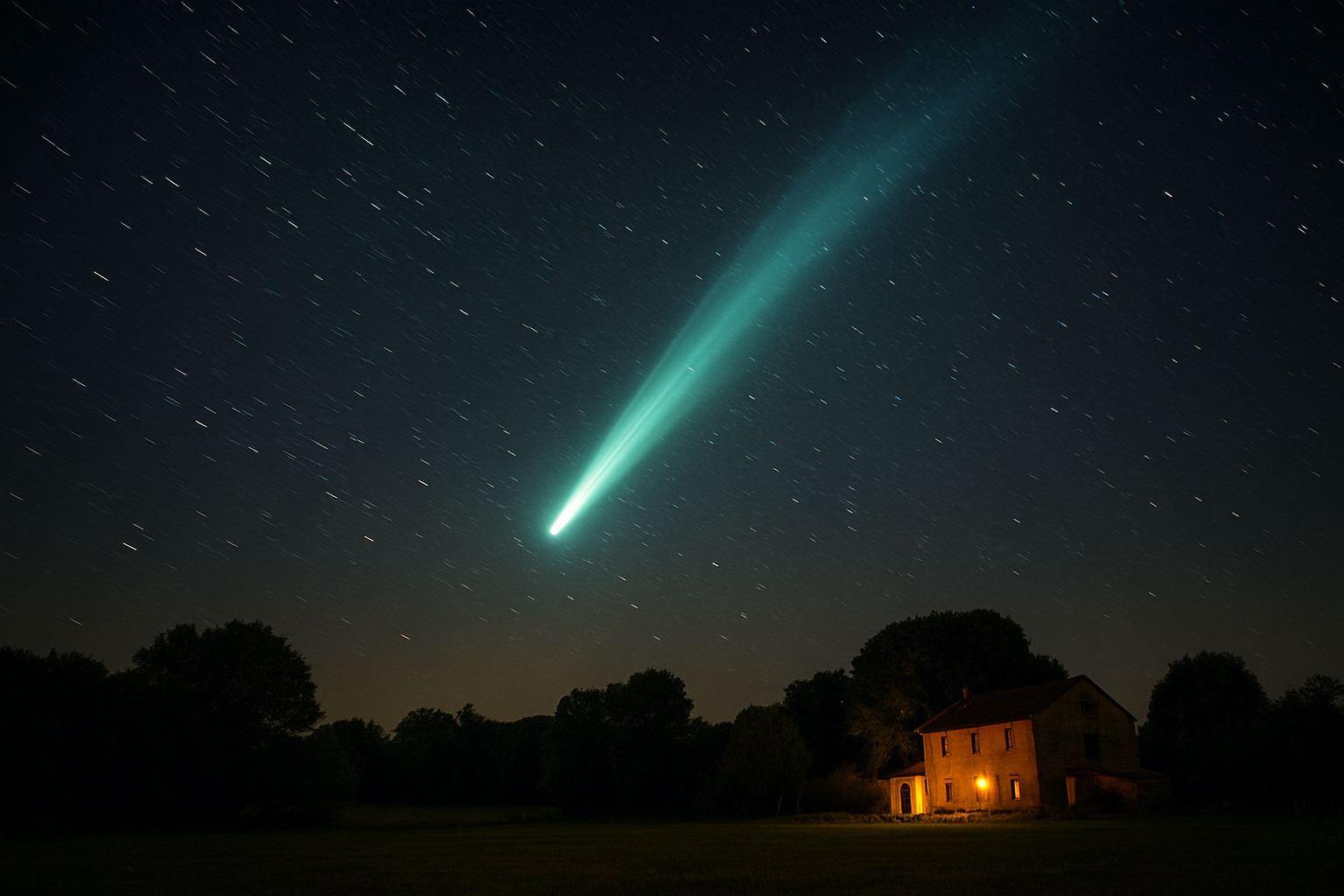 Cometa C/2025 R2 Swan fotografado em Piratininga cruzando o céu estrelado do Brasil com cauda brilhante. Imagem - Gerada por IA