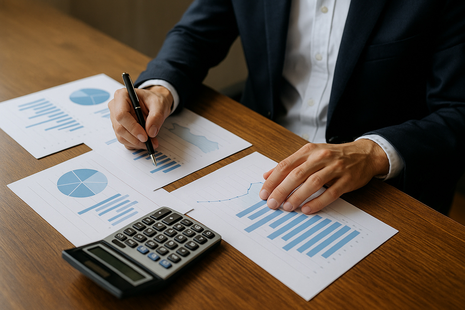 Empresário analisa gráficos financeiros e calculadora sobre mesa, ilustrando mudanças do Simples Nacional com a reforma tributária.