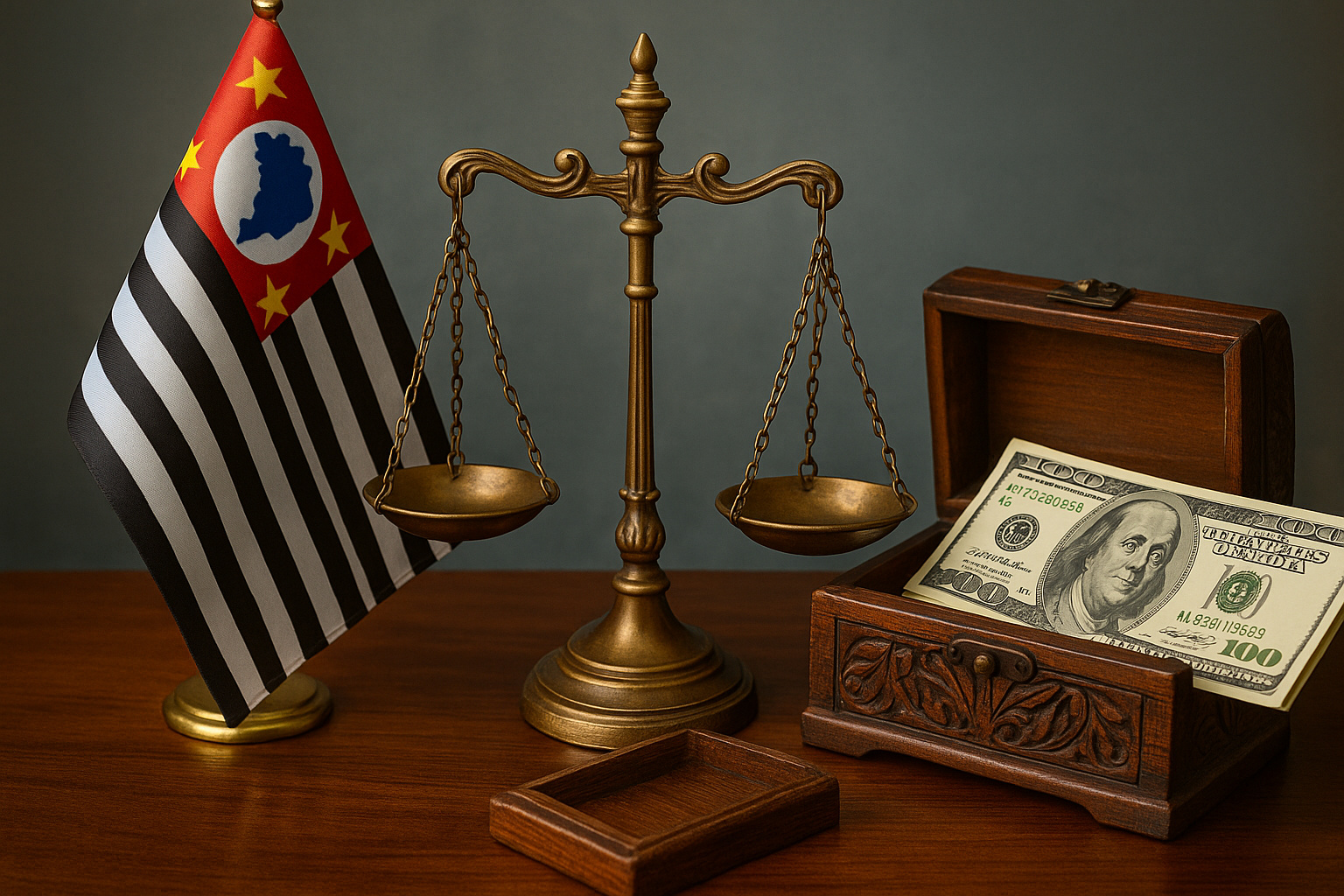 Balança da justiça diante da bandeira de São Paulo e cofre com dinheiro simbolizando herança no exterior