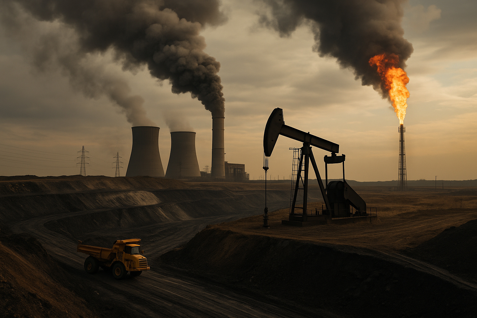 Exploração de combustíveis fósseis com mina de carvão, bomba de petróleo e chaminés emitindo fumaça em 2025.