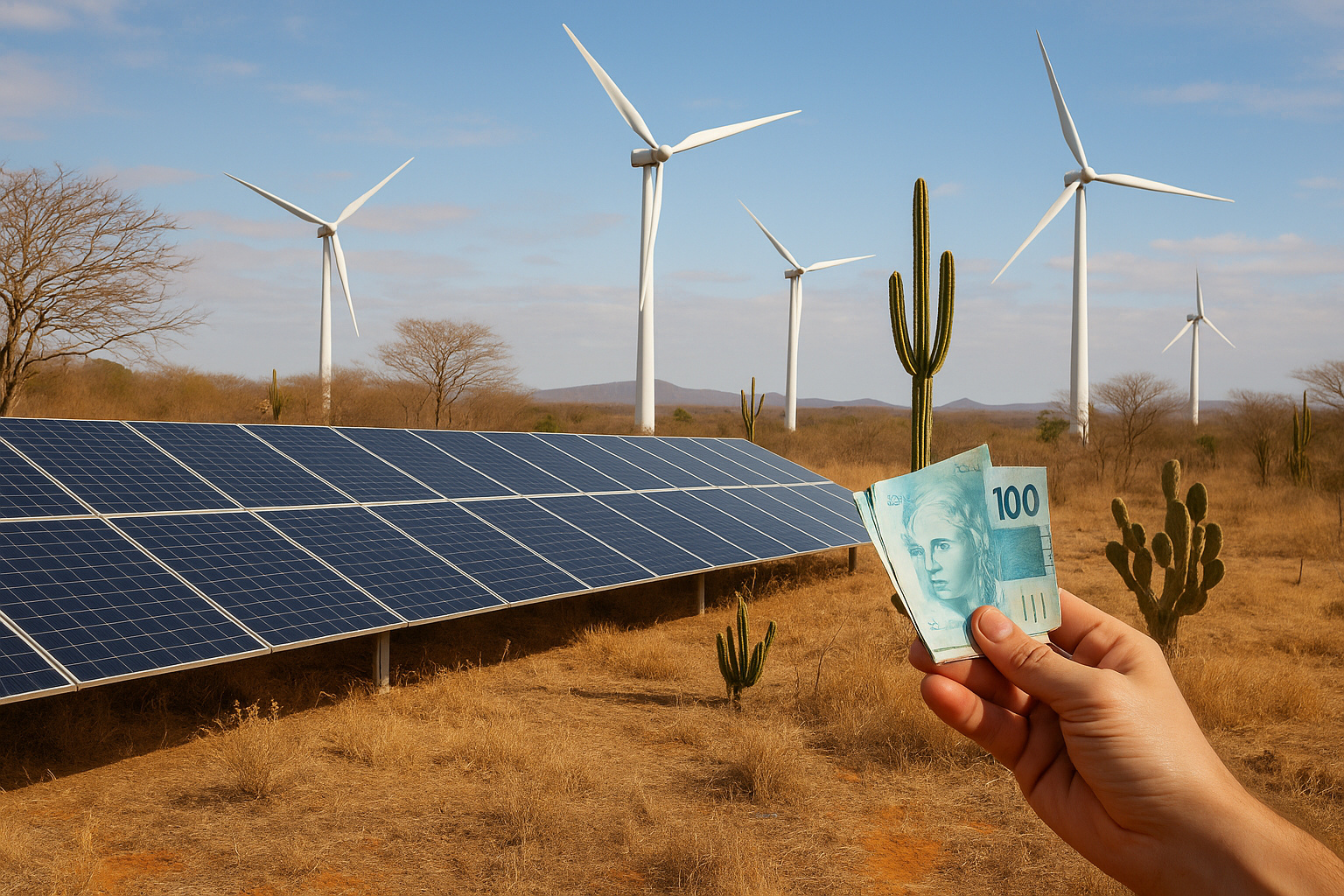 Energia renovável no sertão nordestino com painéis solares, turbinas eólicas, vegetação seca e cédulas de Real representando desenvolvimento econômico.